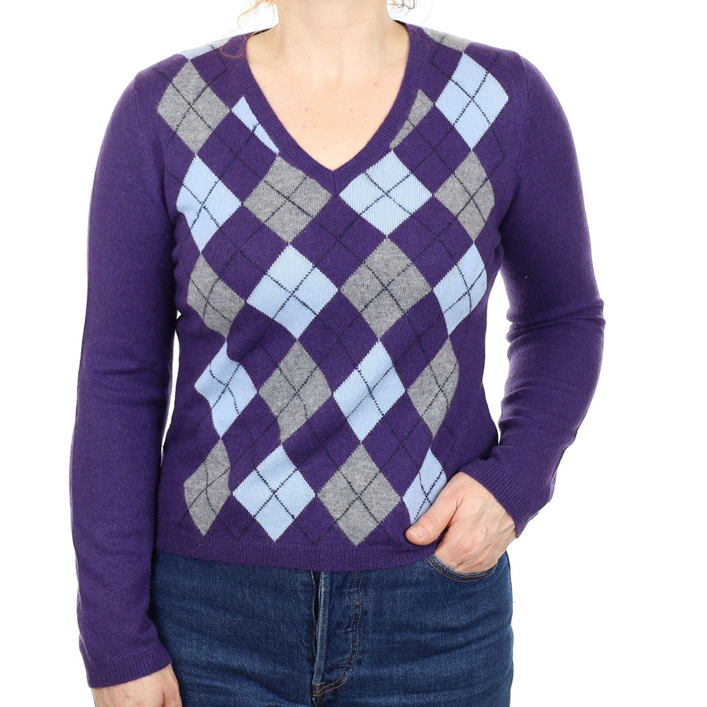 Deep Purple Argyle Cashmere V Neck Jumper Medium