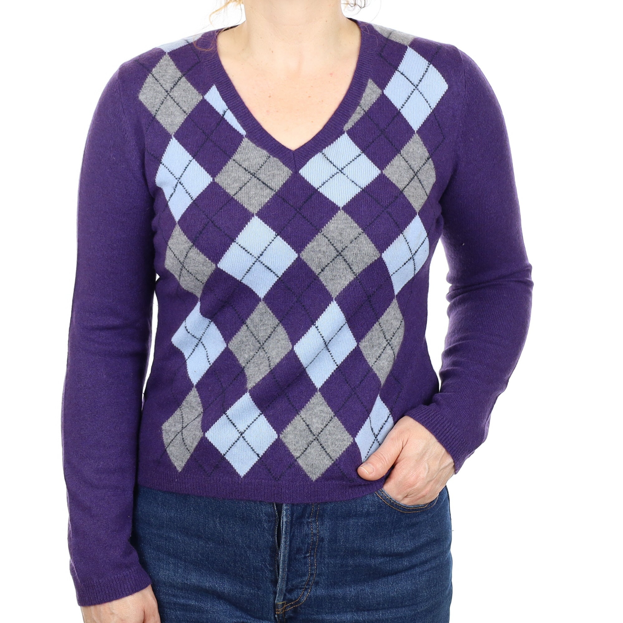 Deep Purple Argyle Cashmere V Neck Jumper Medium