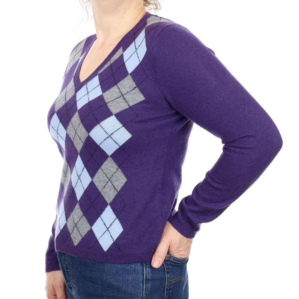 Deep Purple Argyle Cashmere V Neck Jumper Medium