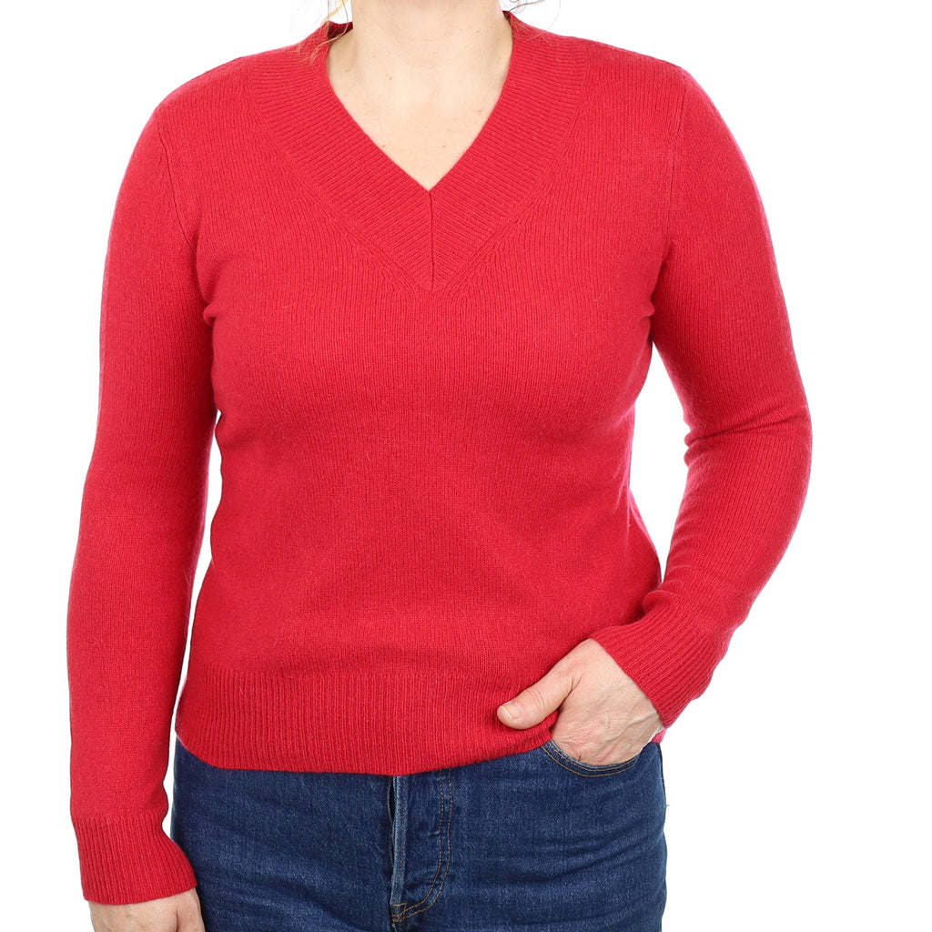 Ruby Red Cashmere V Neck Jumper Medium