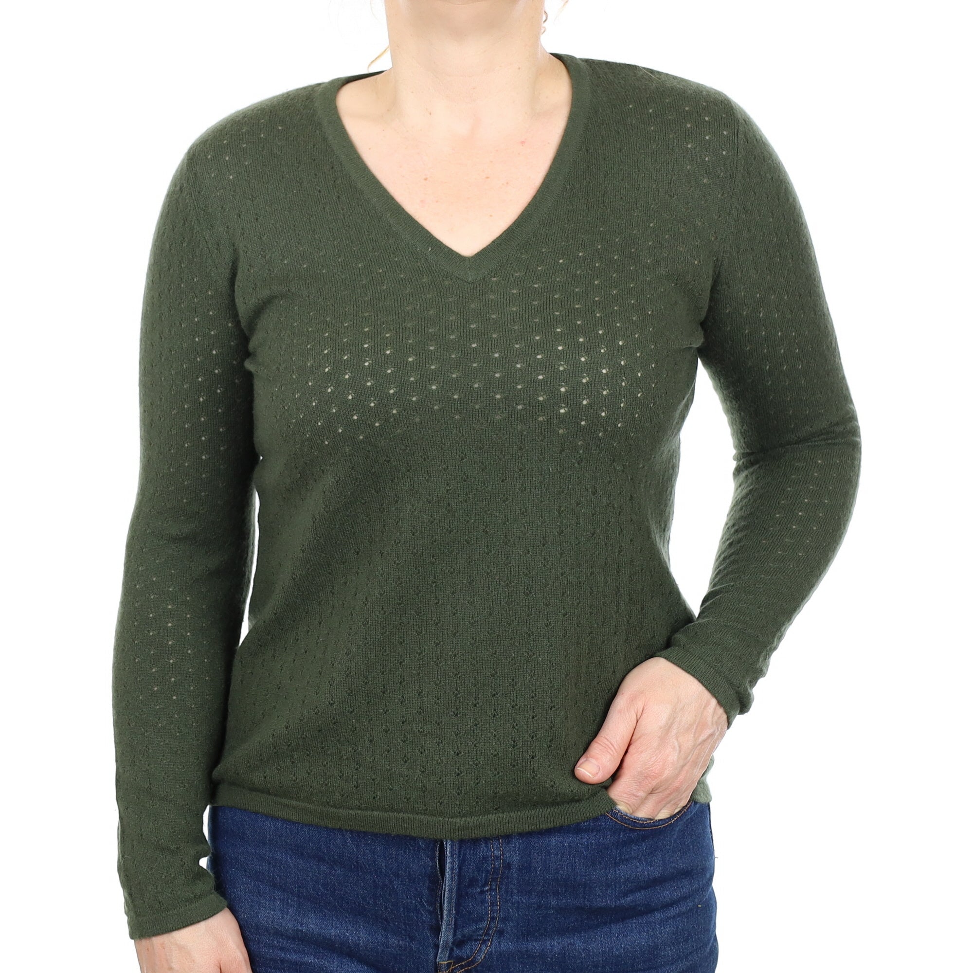Khaki Green Pointelle Cashmere V Neck Jumper Medium
