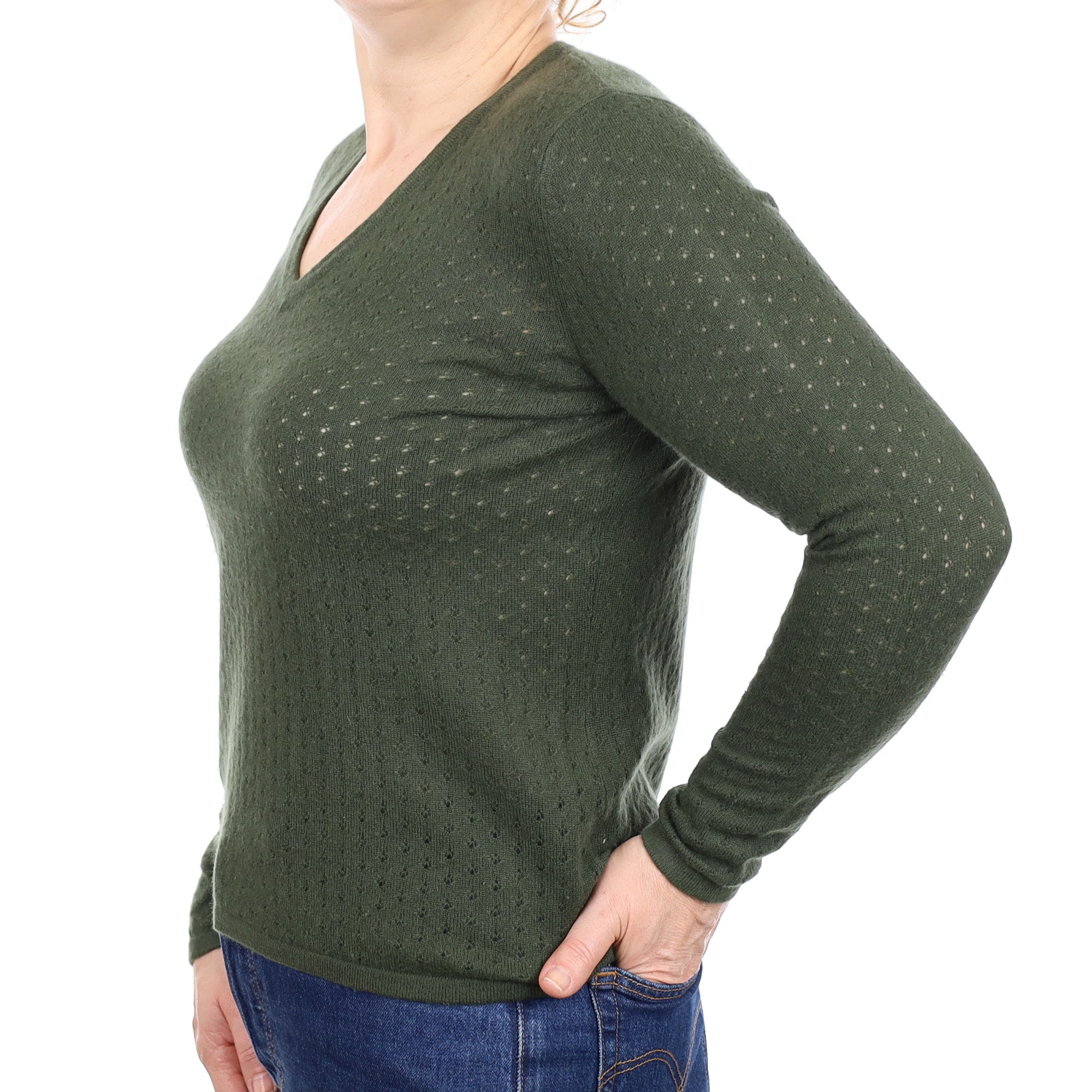 Khaki Green Pointelle Cashmere V Neck Jumper Medium