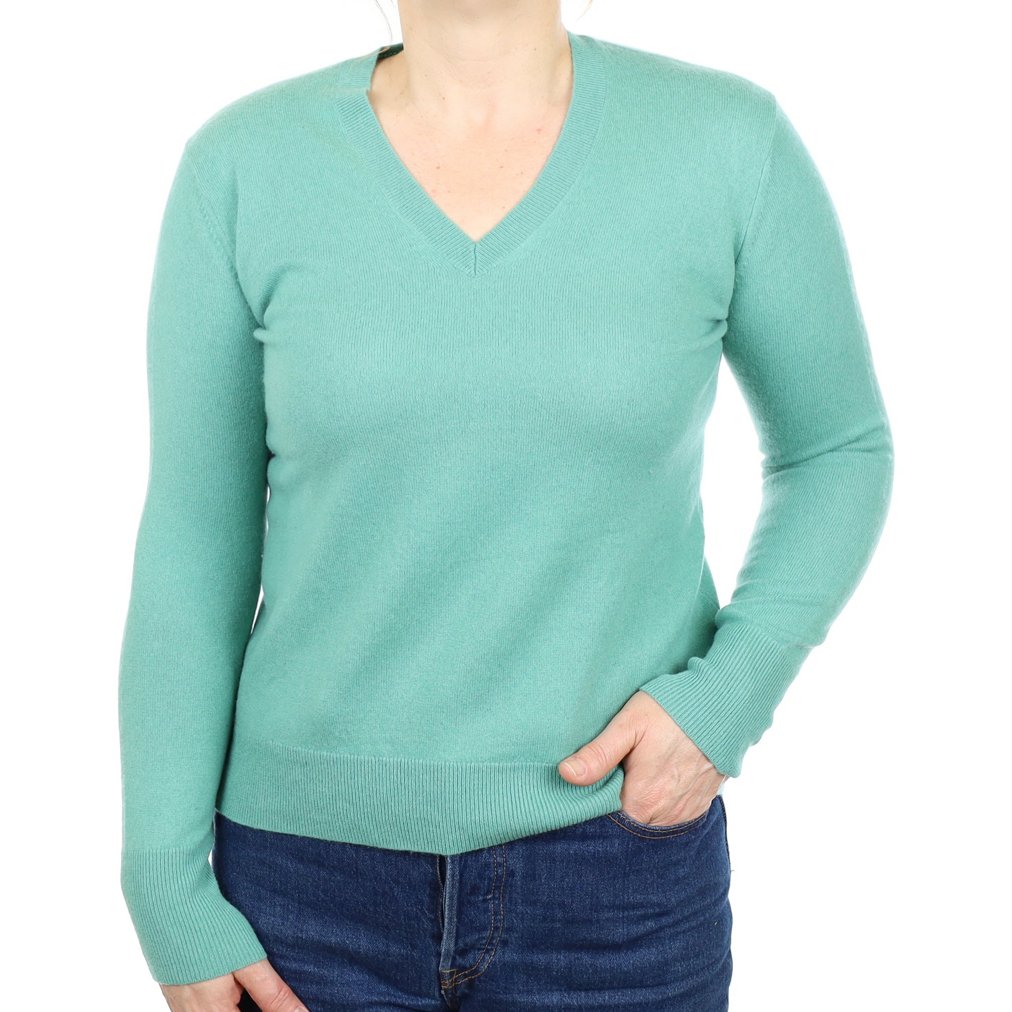 Everglade Green Cashmere V Neck Jumper Medium