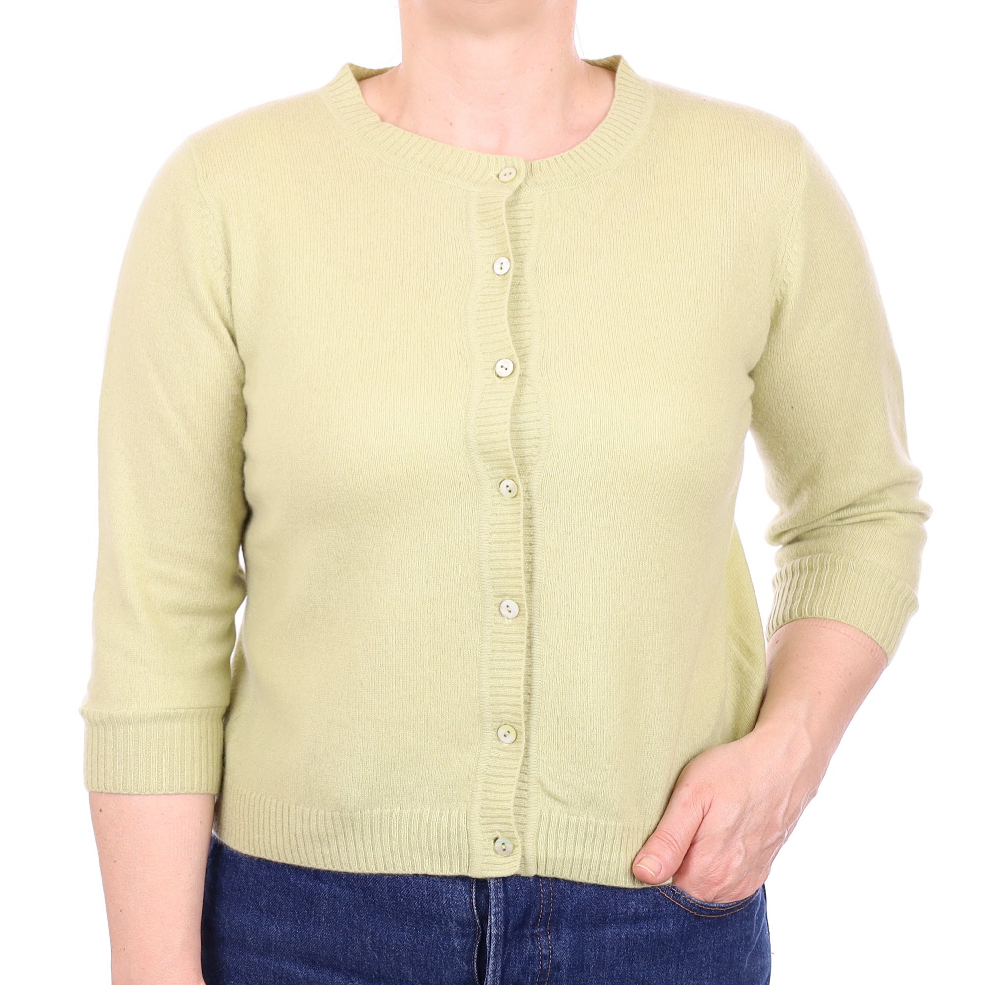 Pistachio Green Cashmere 3/4 Sleeve Crew Neck Cardigan Medium