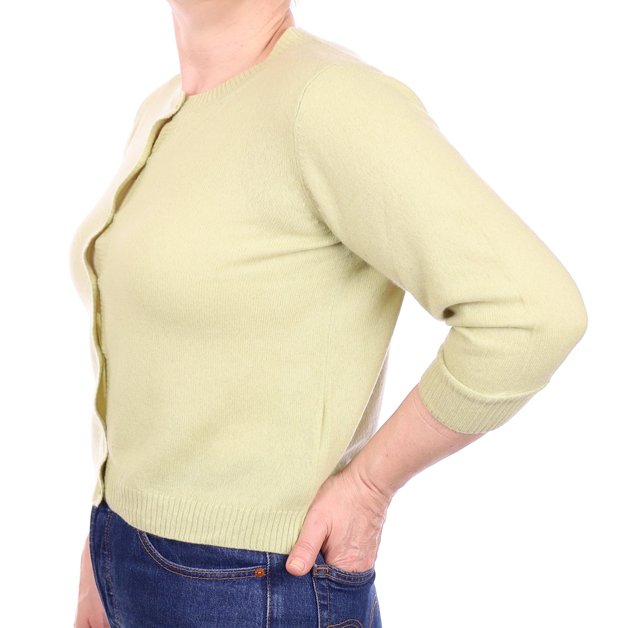 Pistachio Green Cashmere 3/4 Sleeve Crew Neck Cardigan Medium