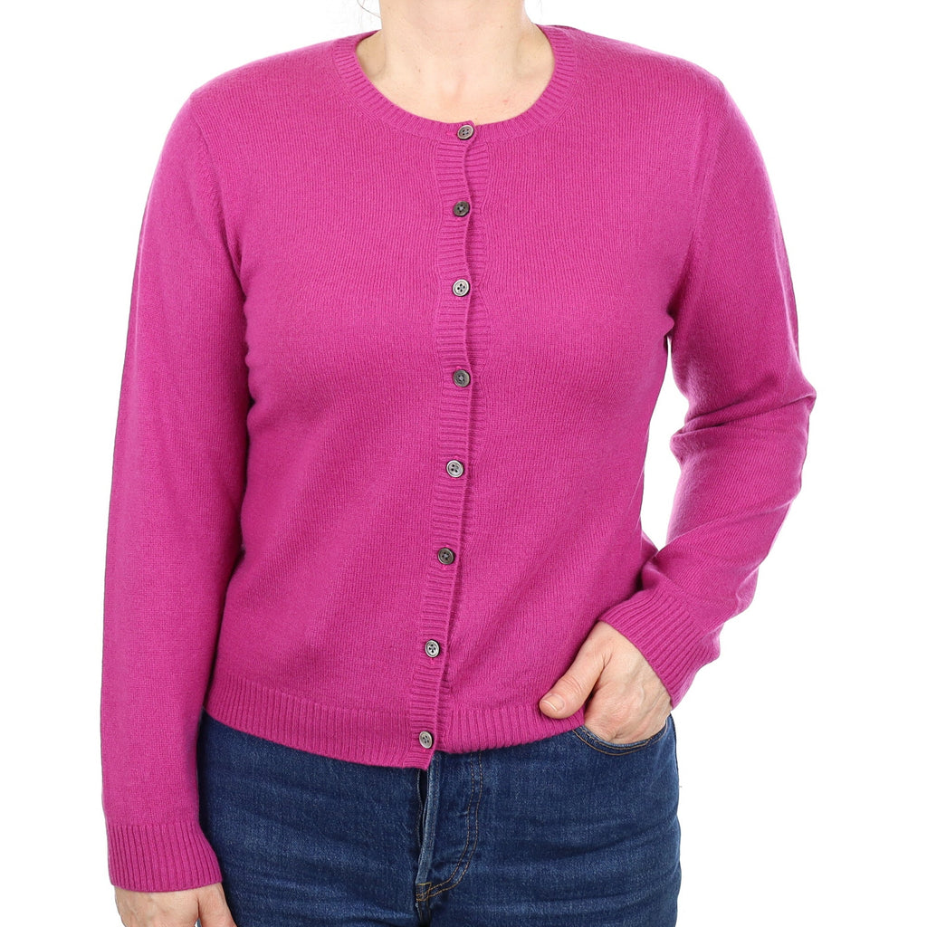 Magenta Pink Cashmere Crew Neck Cardigan Medium