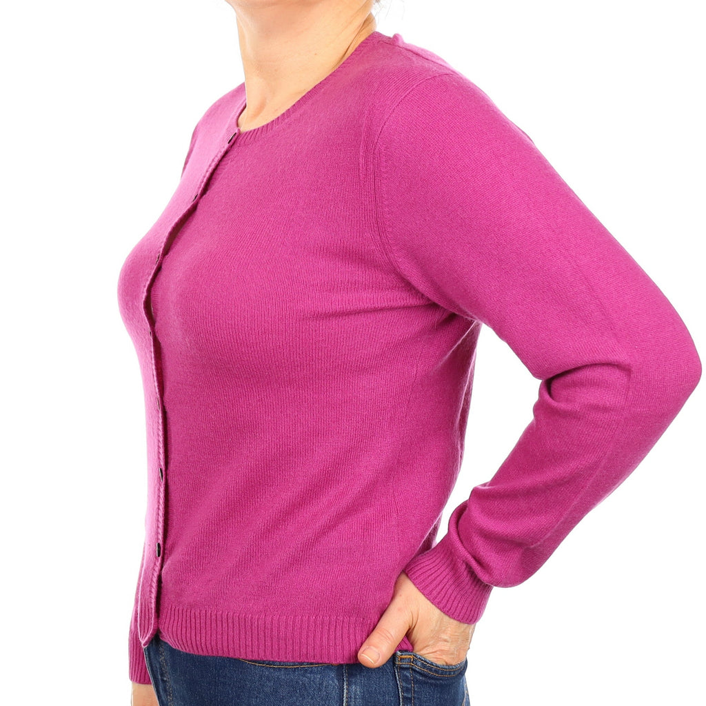 Magenta Pink Cashmere Crew Neck Cardigan Medium