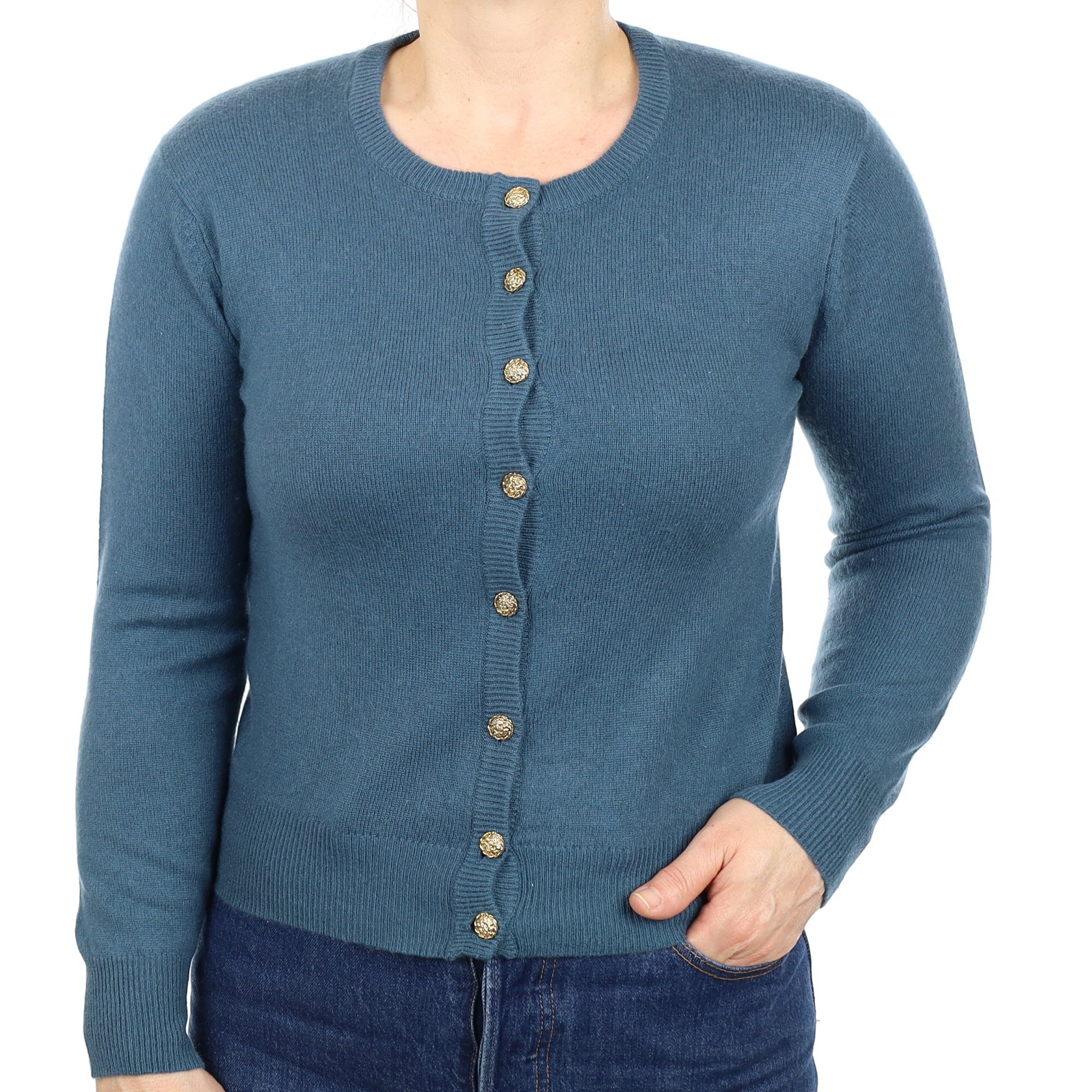 Petrol Blue Cashmere Crew Neck Cardigan Medium