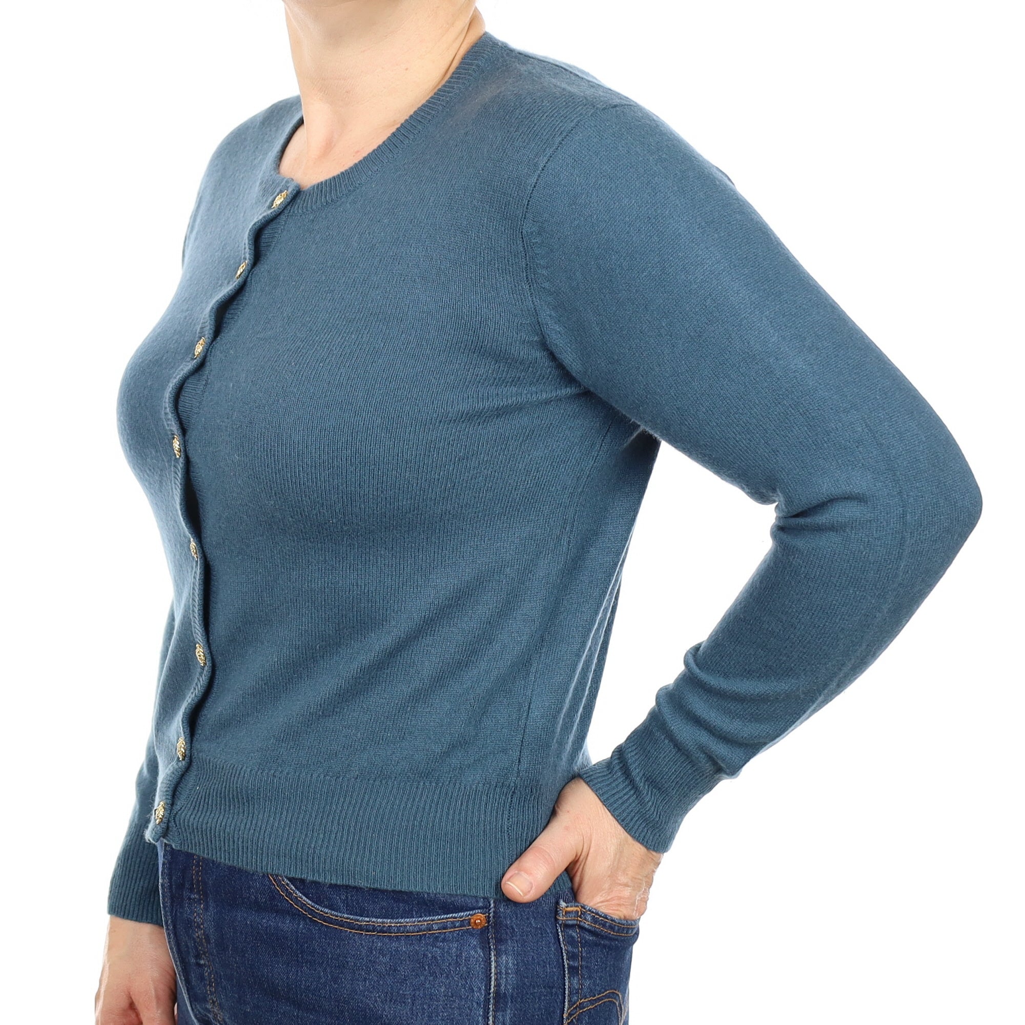 Petrol Blue Cashmere Crew Neck Cardigan Medium