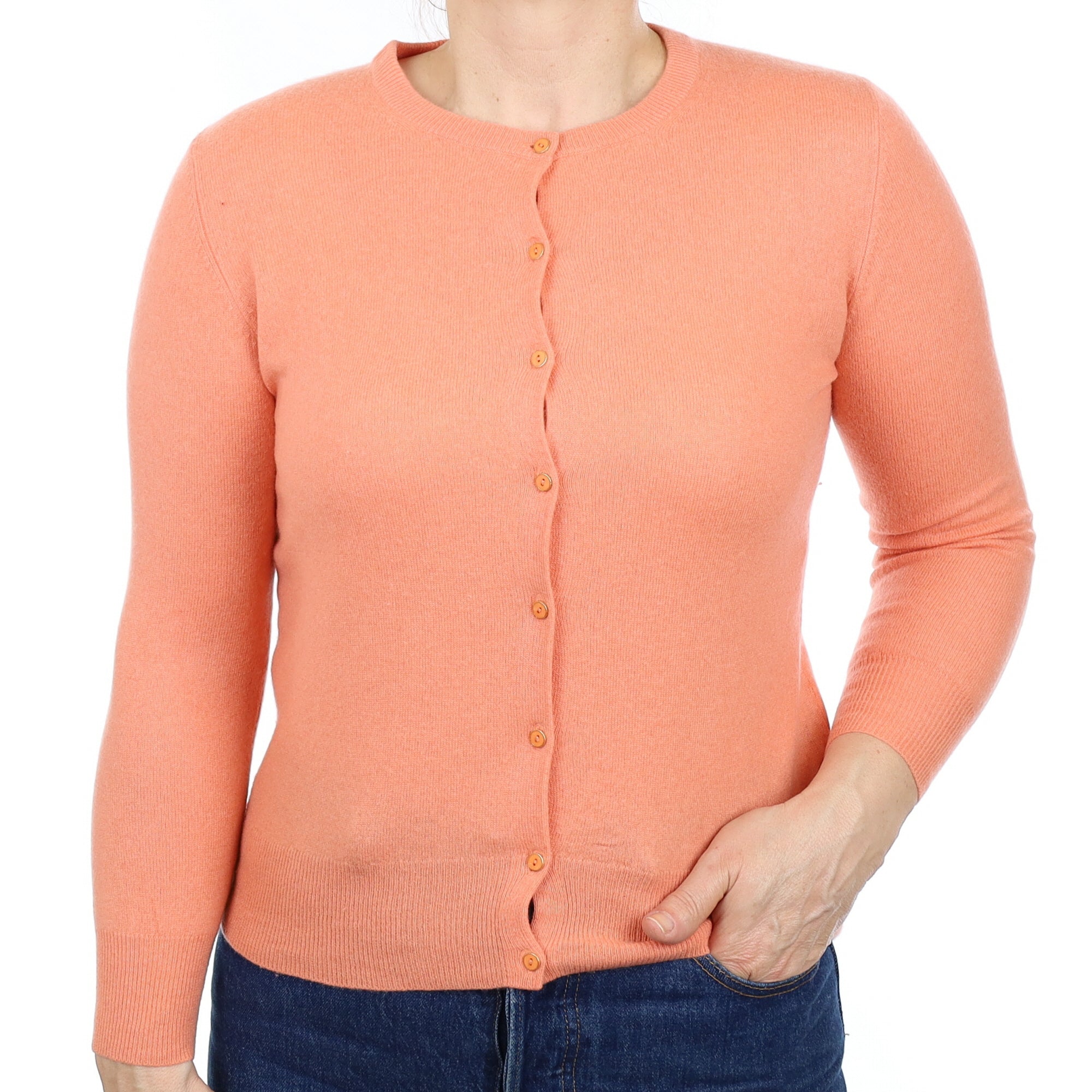 Coral Orange Cashmere Crew Neck Cardigan Medium