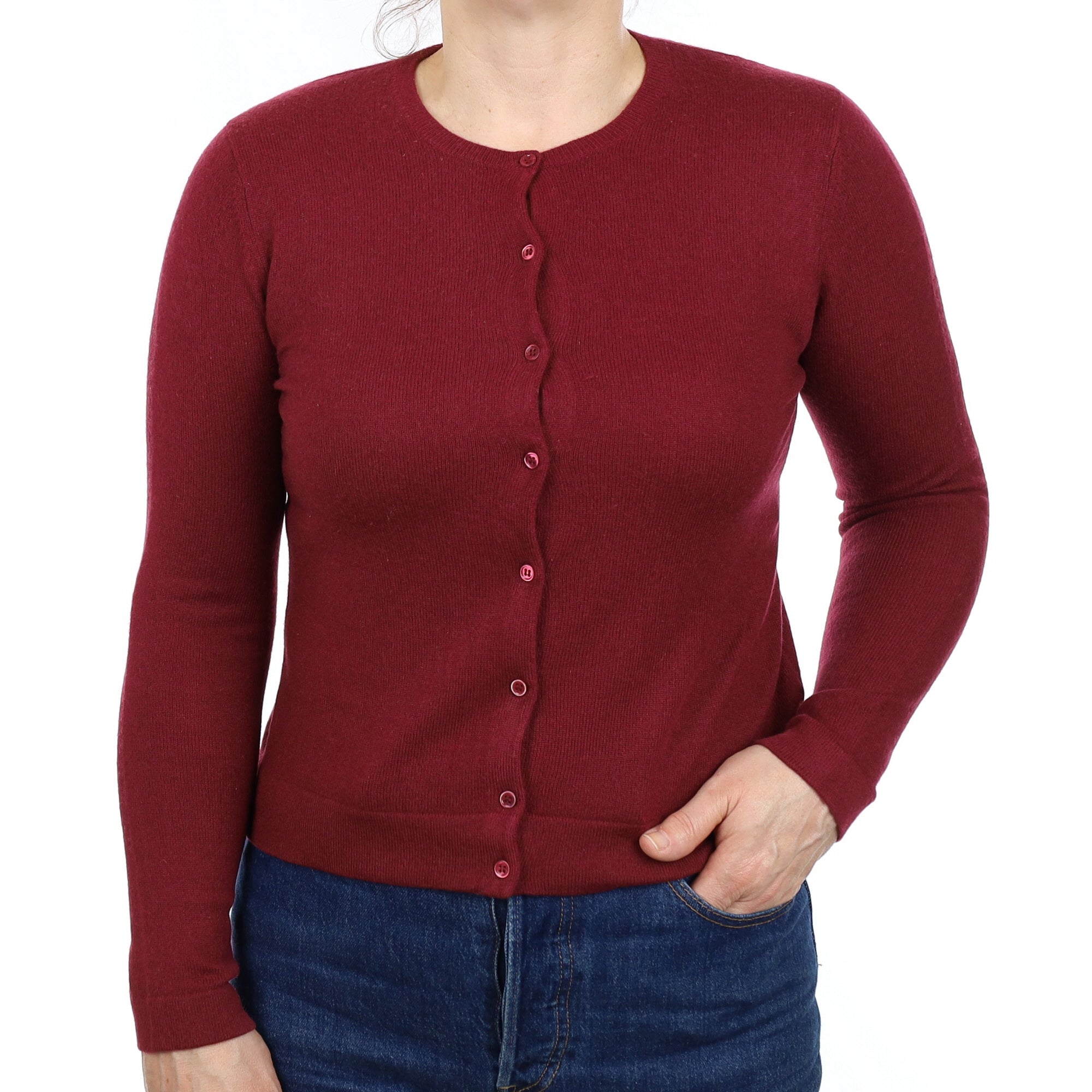 Burgundy Red Cashmere Crew Neck Cardigan Medium