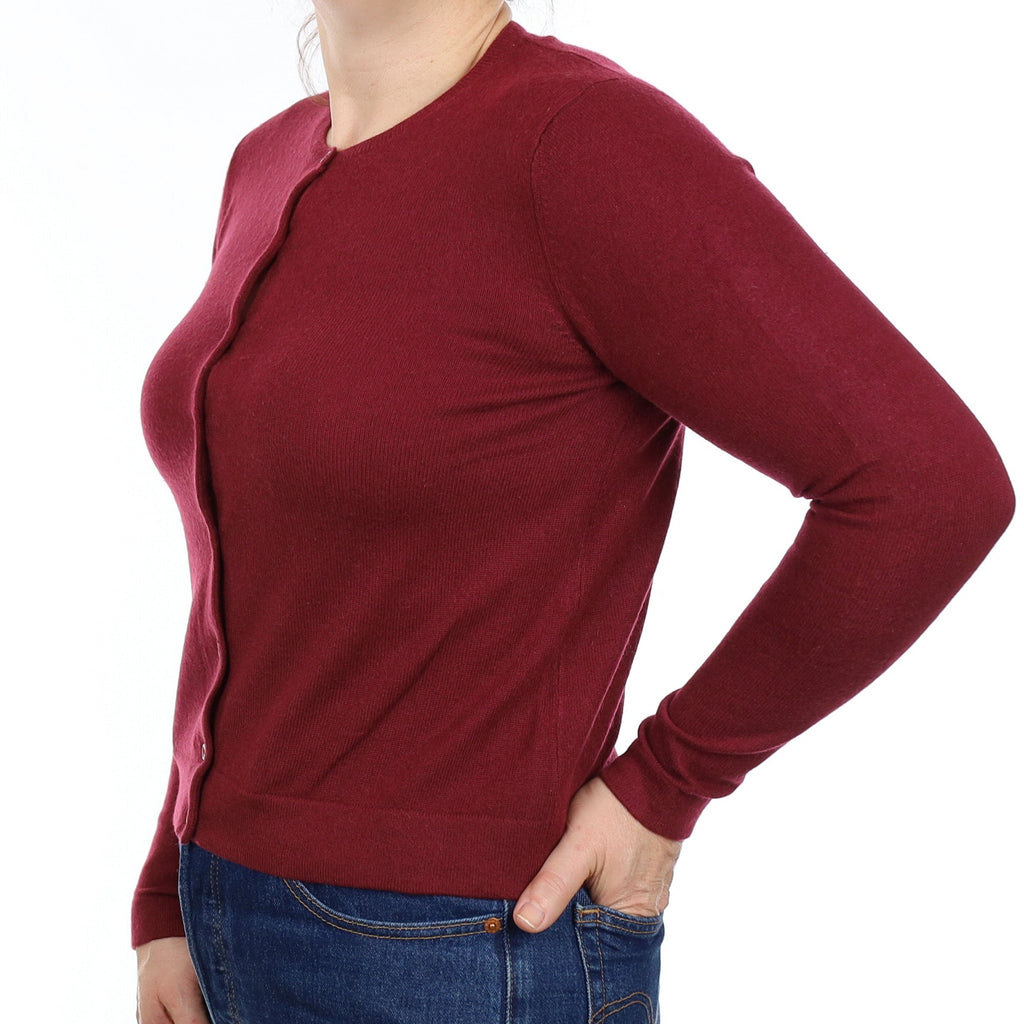 Burgundy Red Cashmere Crew Neck Cardigan Medium