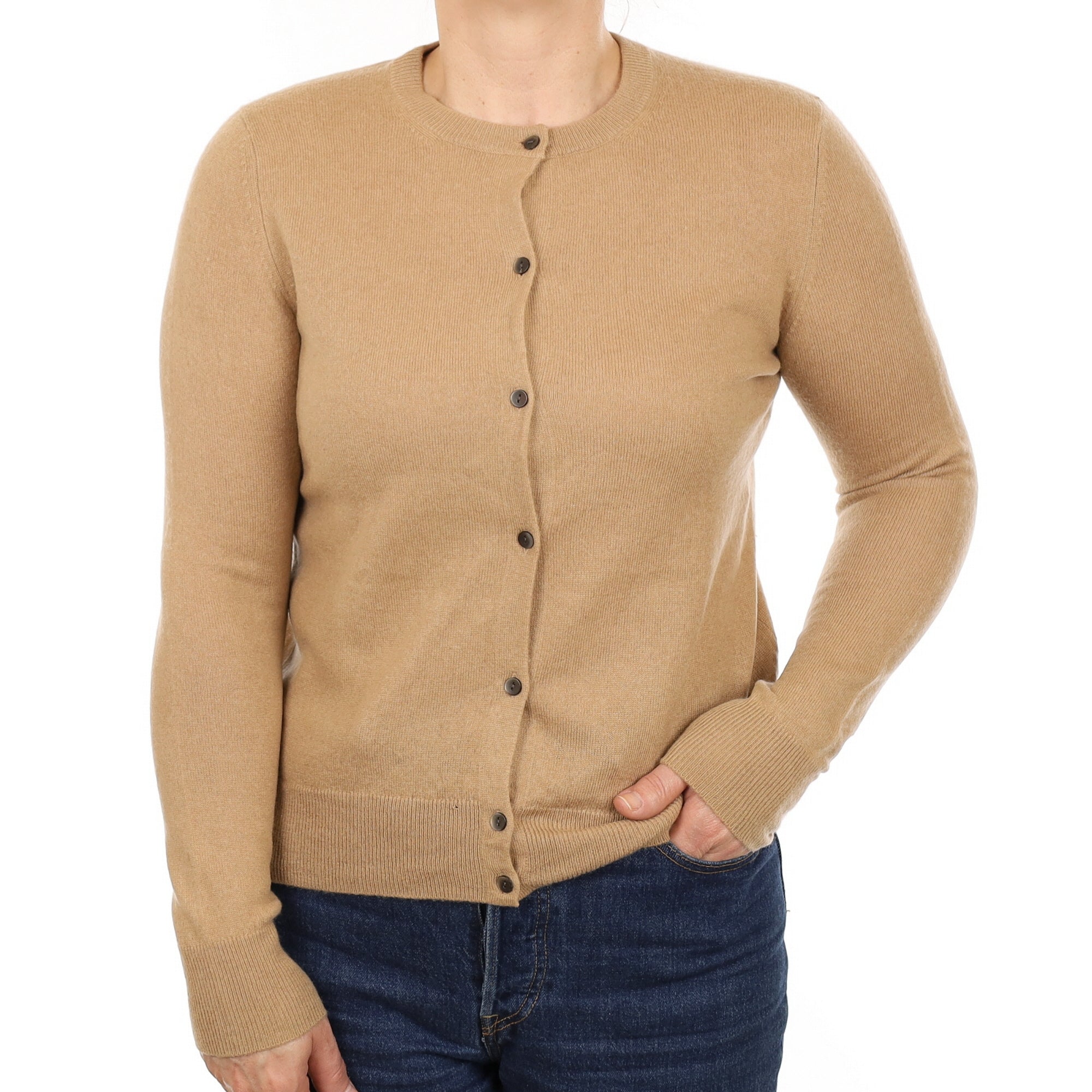 Caramel Brown Cashmere Crew Neck Cardigan Medium