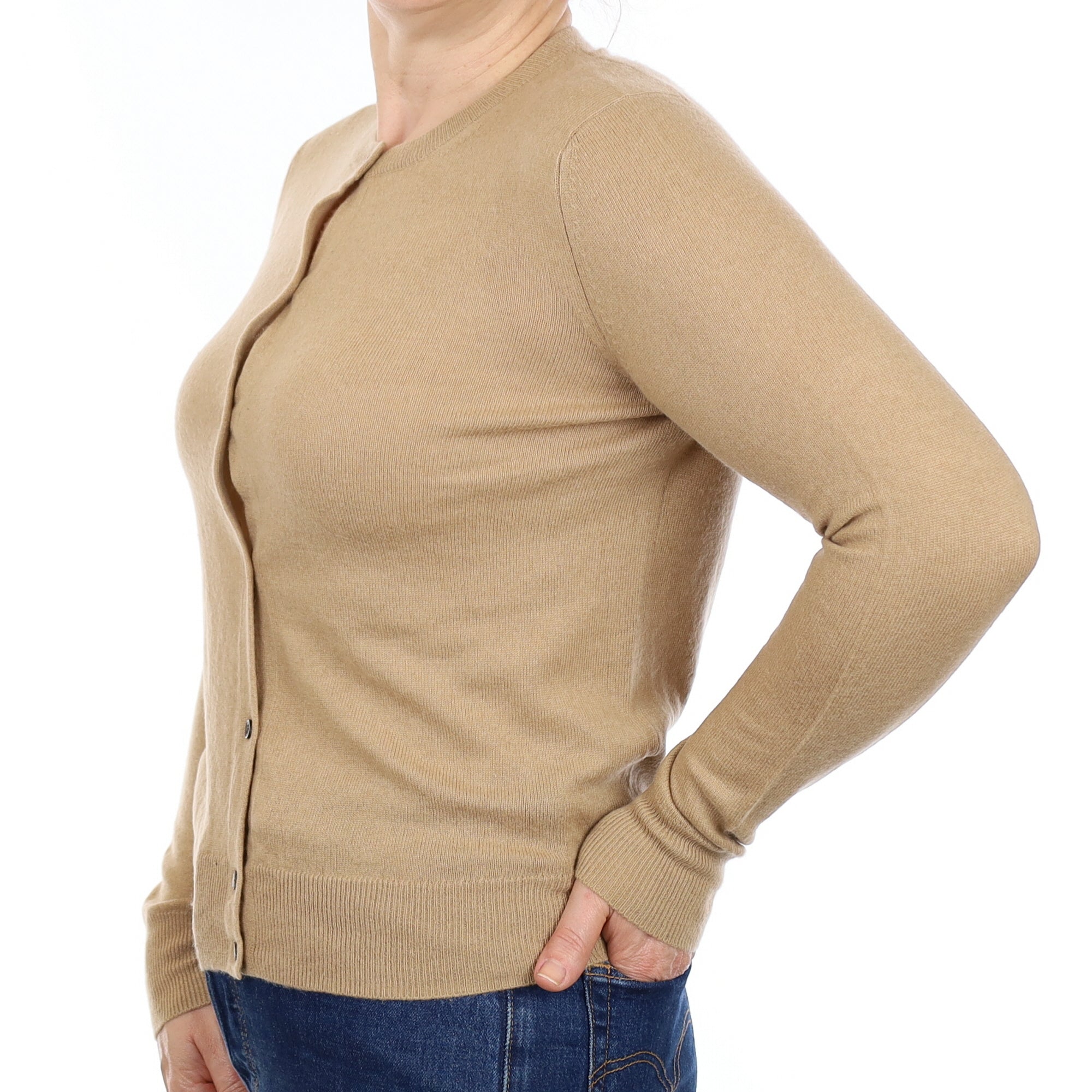 Caramel Brown Cashmere Crew Neck Cardigan Medium