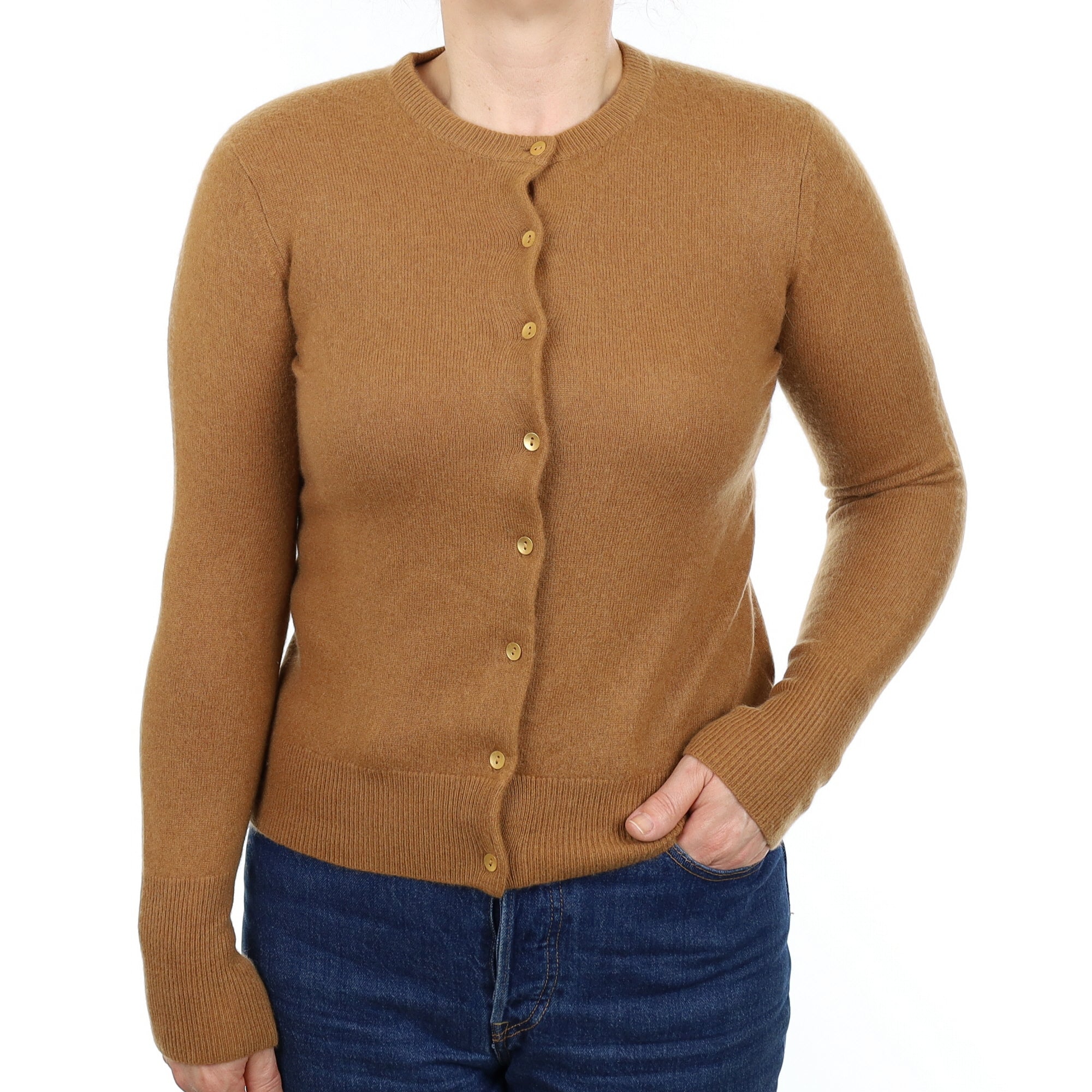 Cinnamon Brown Cashmere Crew Neck Cardigan Medium