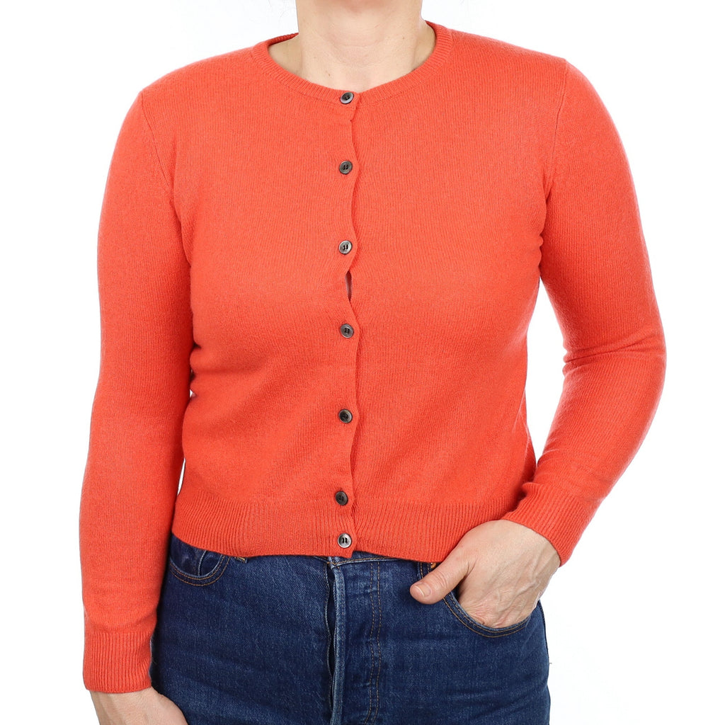 Sunset Orange Cashmere Crew Neck Cardigan Medium