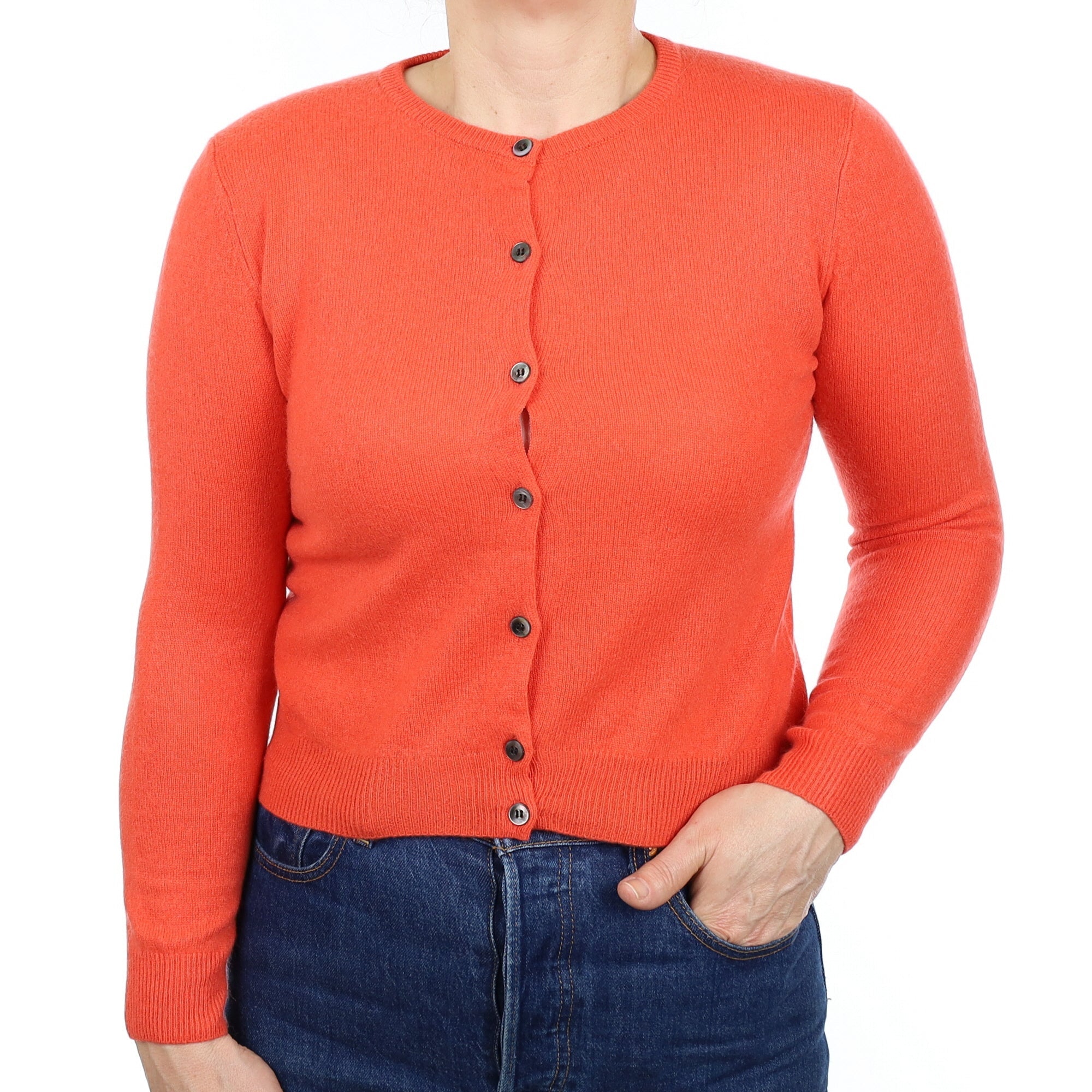 Sunset Orange Cashmere Crew Neck Cardigan Medium