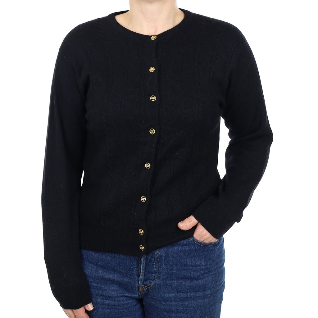 Black Cable Front Cashmere Crew Neck Cardigan Medium