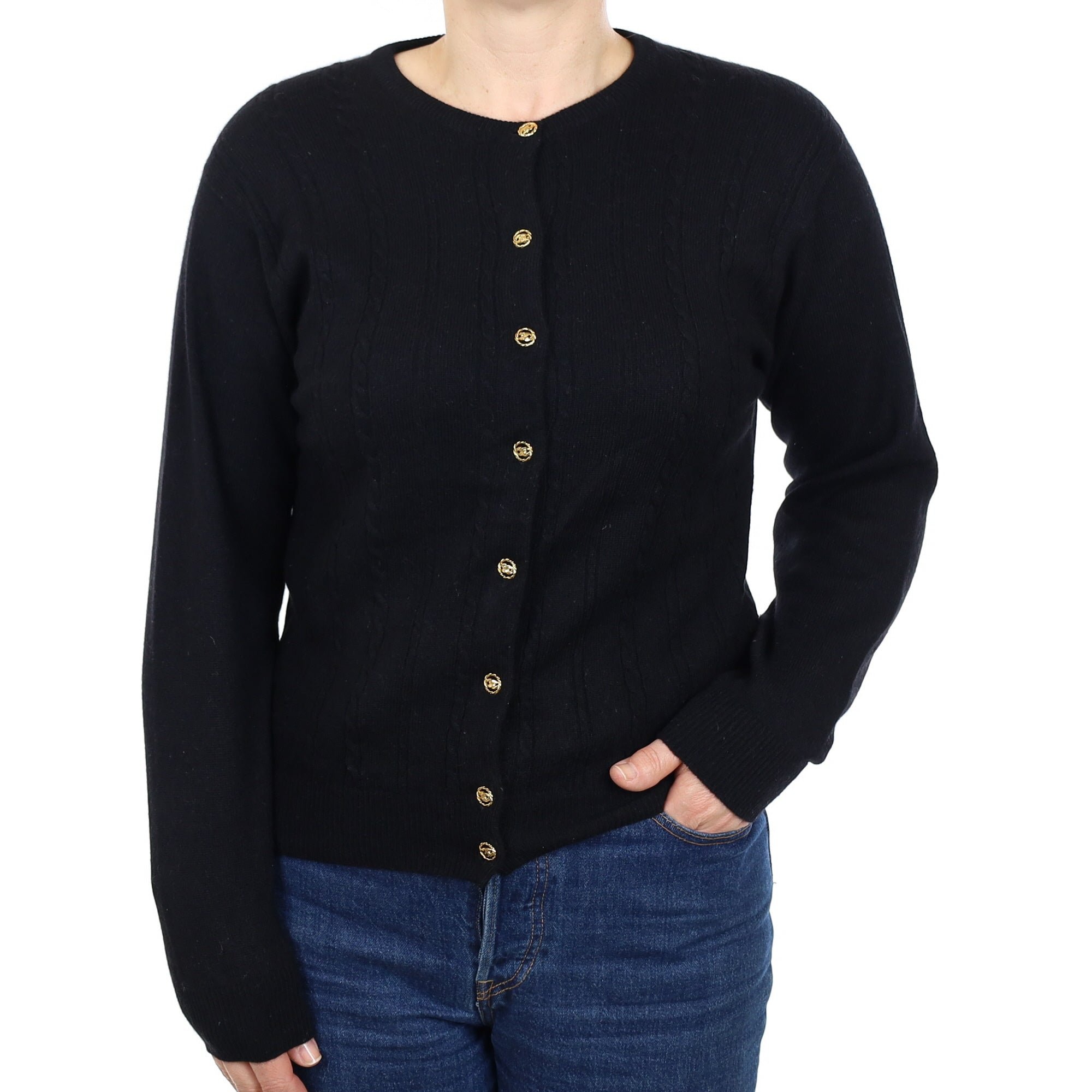Black Cable Front Cashmere Crew Neck Cardigan Medium