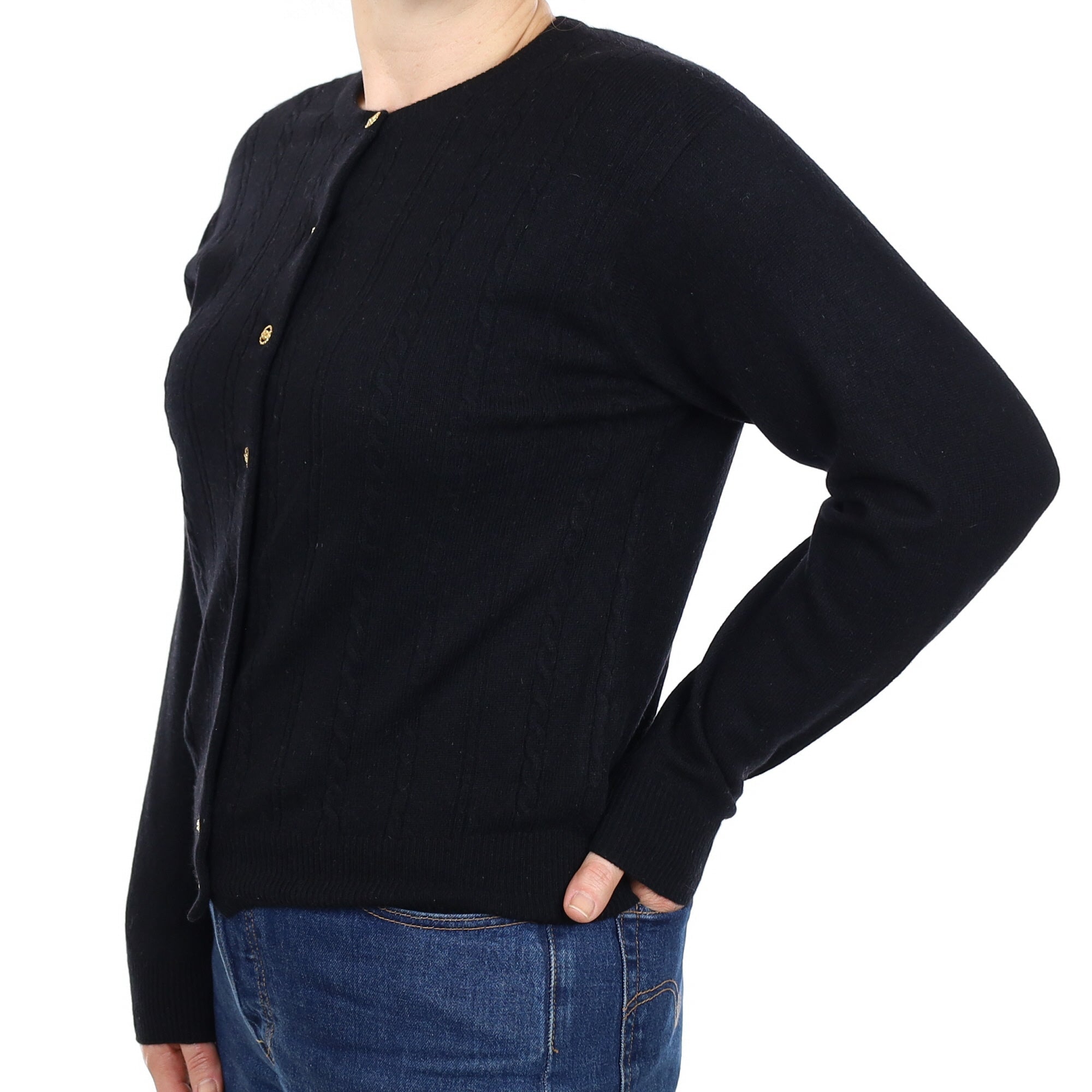 Black Cable Front Cashmere Crew Neck Cardigan Medium