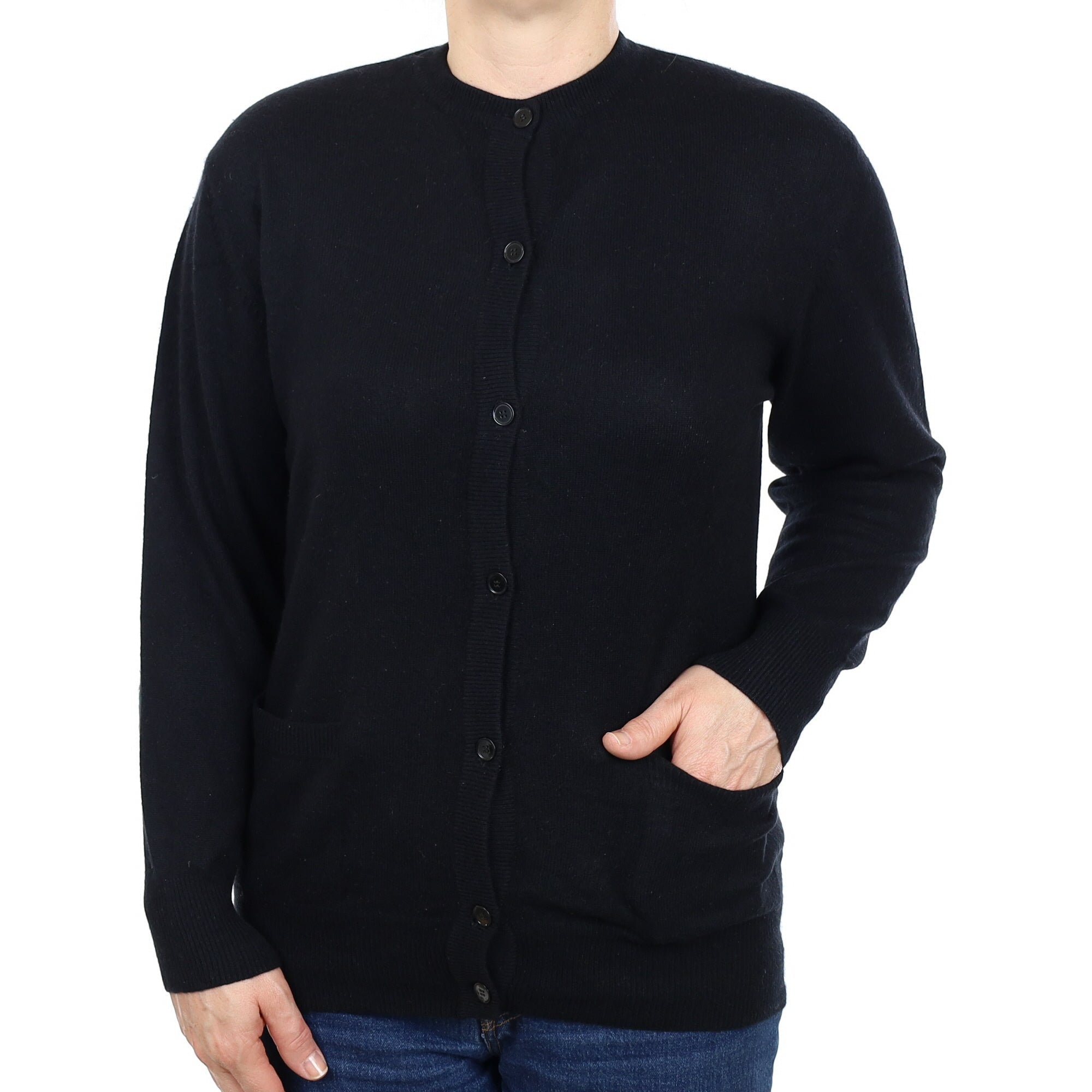 Black Cashmere Crew Neck Cardigan with Pockets Medium