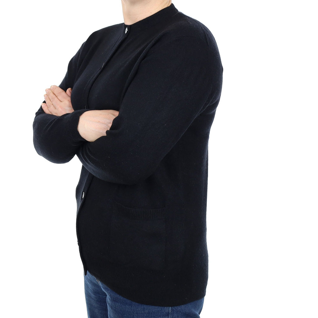 Black Cashmere Crew Neck Cardigan with Pockets Medium