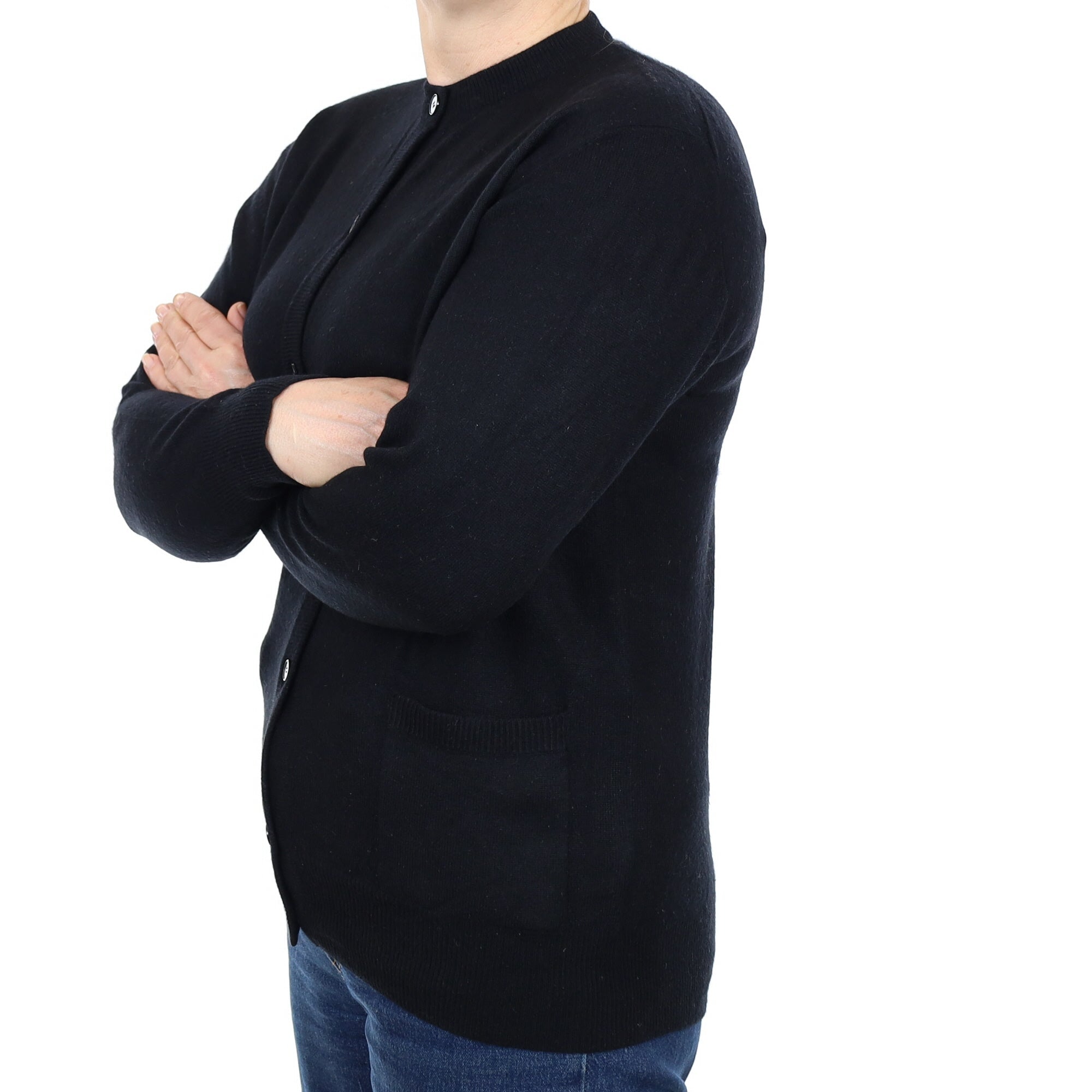 Black Cashmere Crew Neck Cardigan with Pockets Medium