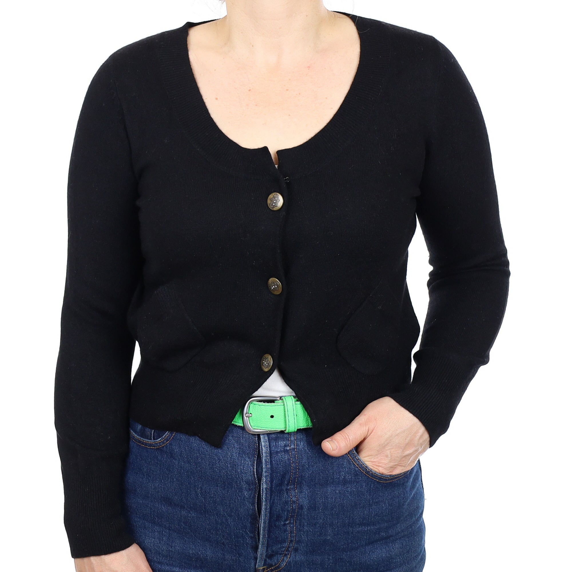Black Cashmere Scoop Neck Cardigan with Pockets Medium
