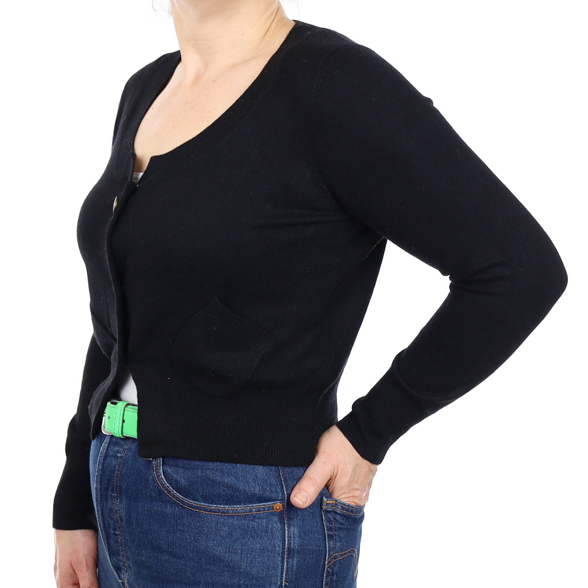Black Cashmere Scoop Neck Cardigan with Pockets Medium