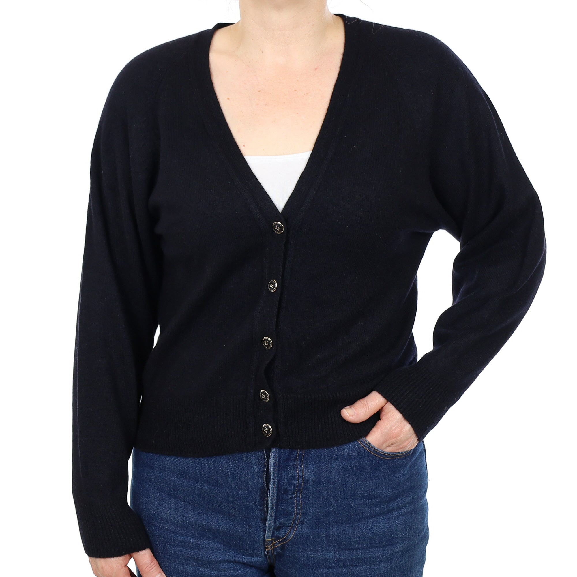 Black Cashmere V Neck Cardigan Medium