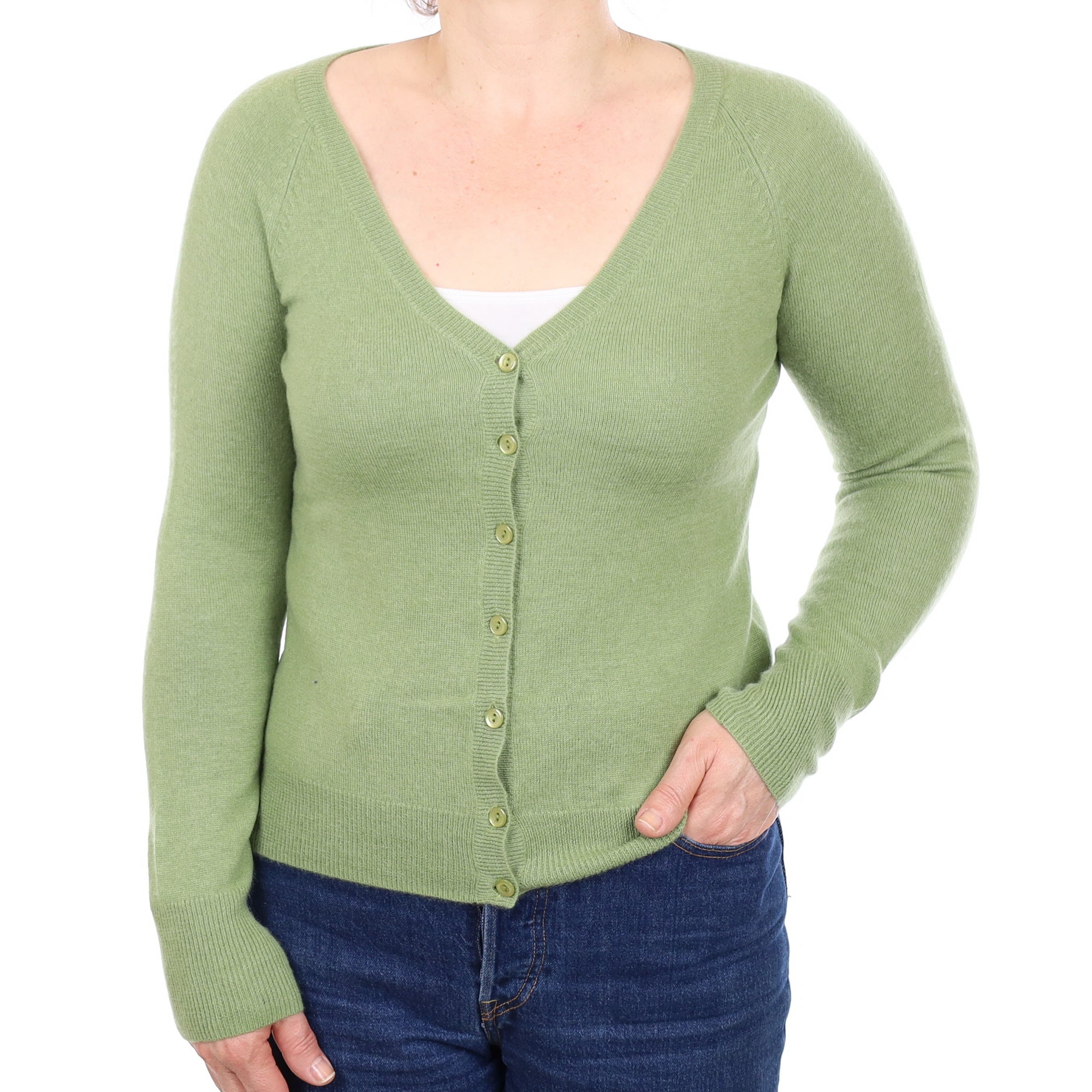 Pear Green Cashmere V Neck Cardigan Medium