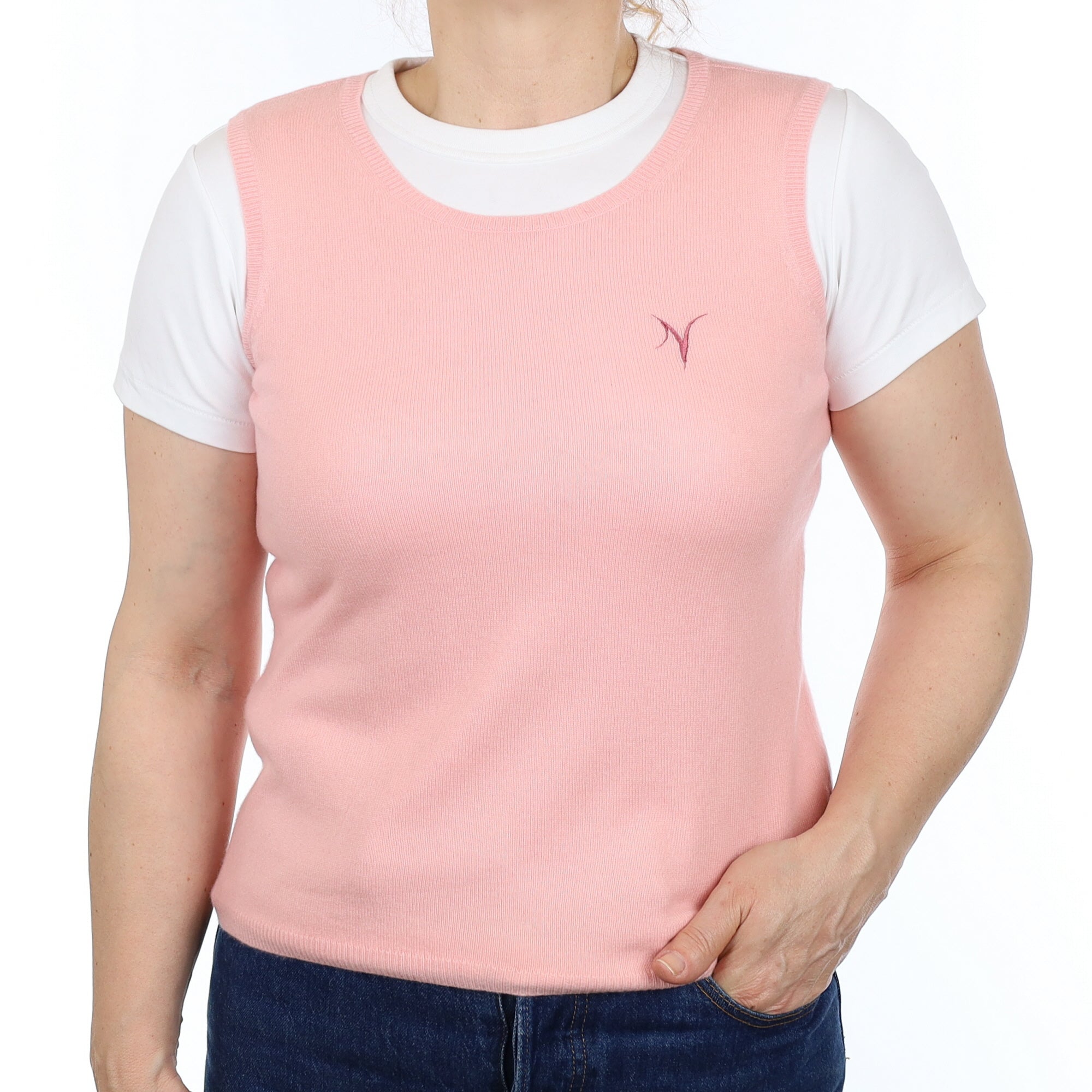 Pale Coral Pink Cashmere Crew Neck Tank Top Medium