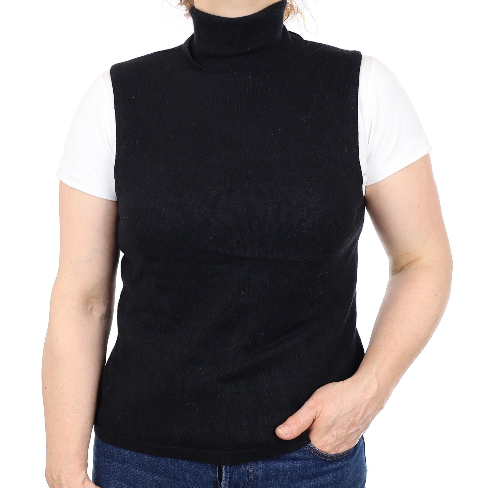 Black Cashmere Sleeveless Polo Neck Jumper Medium