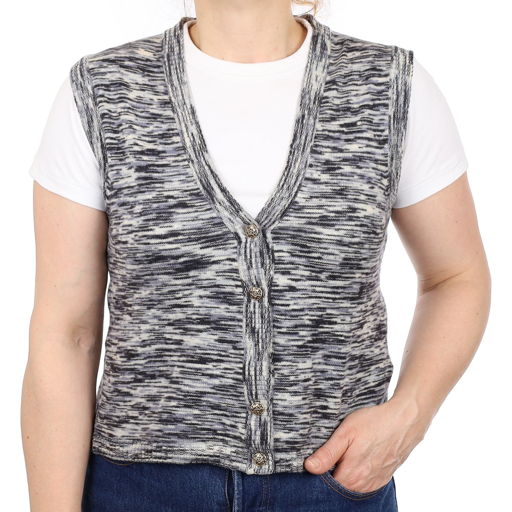 Grey Stripe Pattern Cashmere V Neck Waistcoat Medium