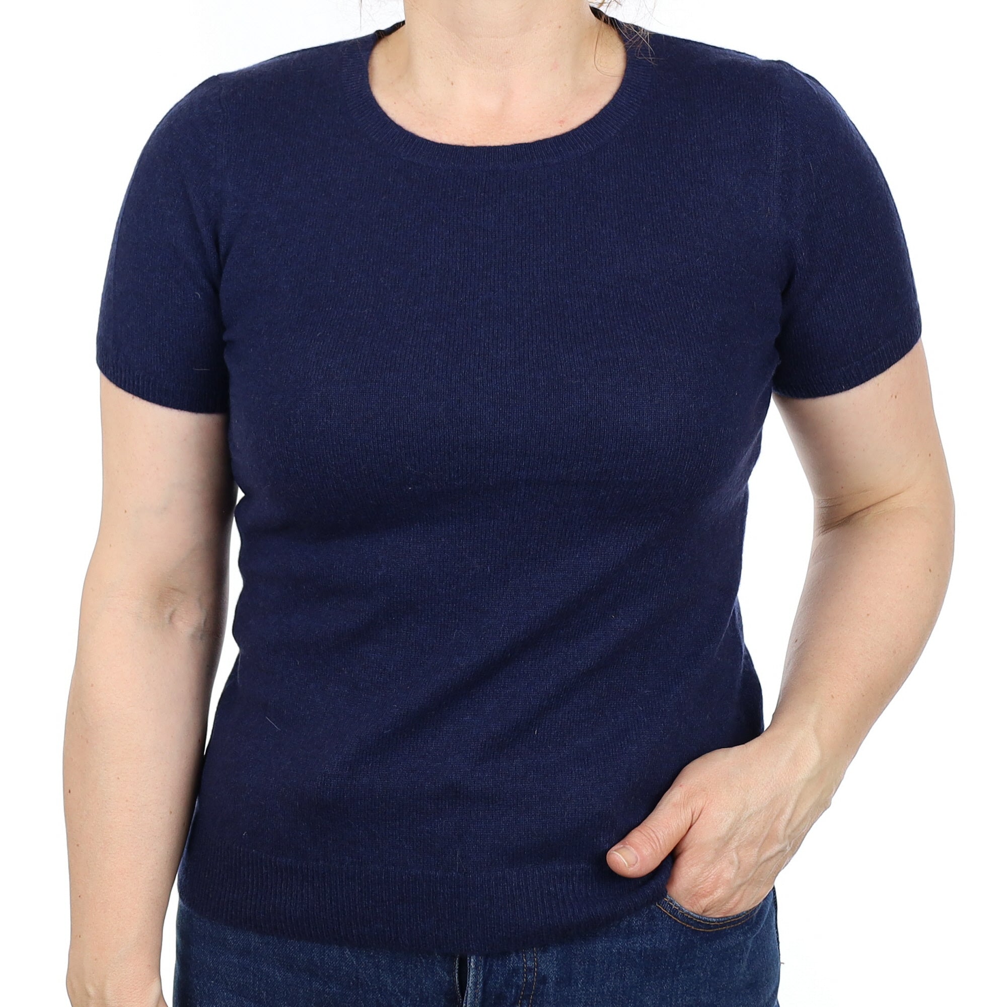 Navy Cashmere Short Sleeve Crew Neck Jumper Medium