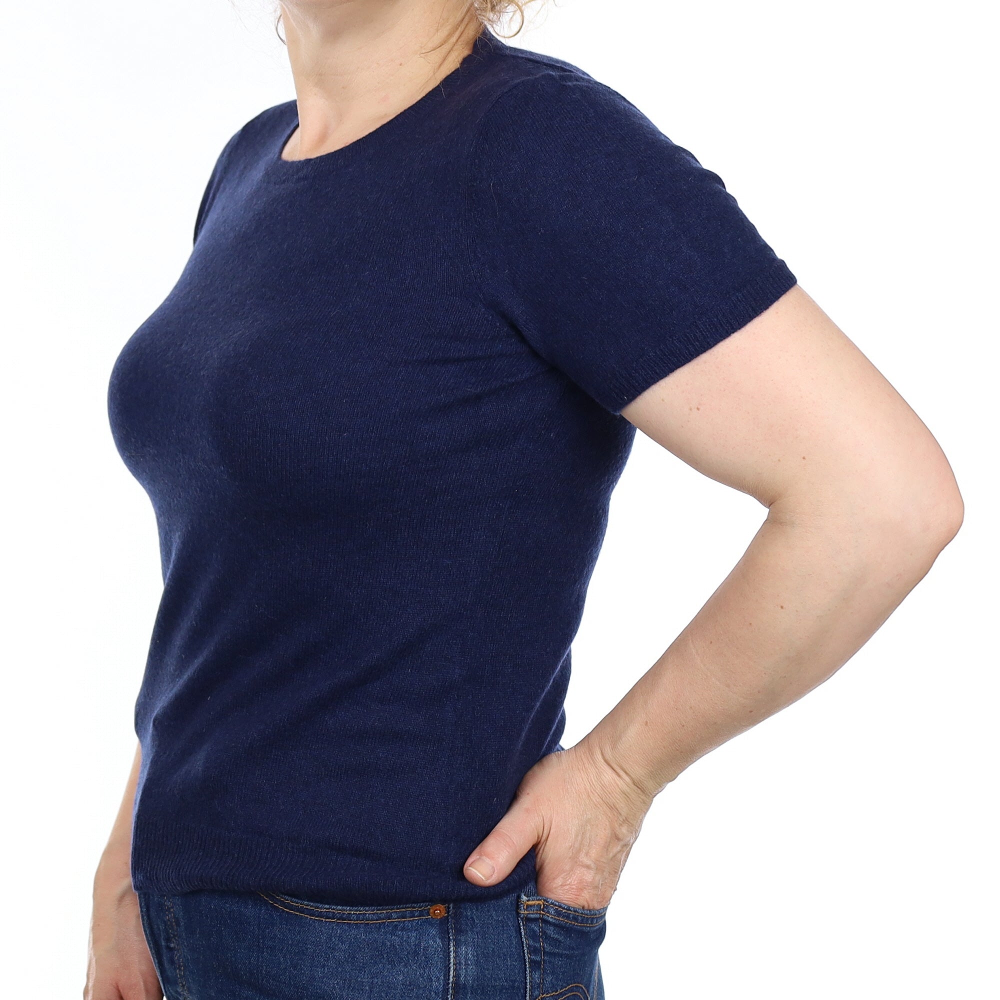 Navy Cashmere Short Sleeve Crew Neck Jumper Medium