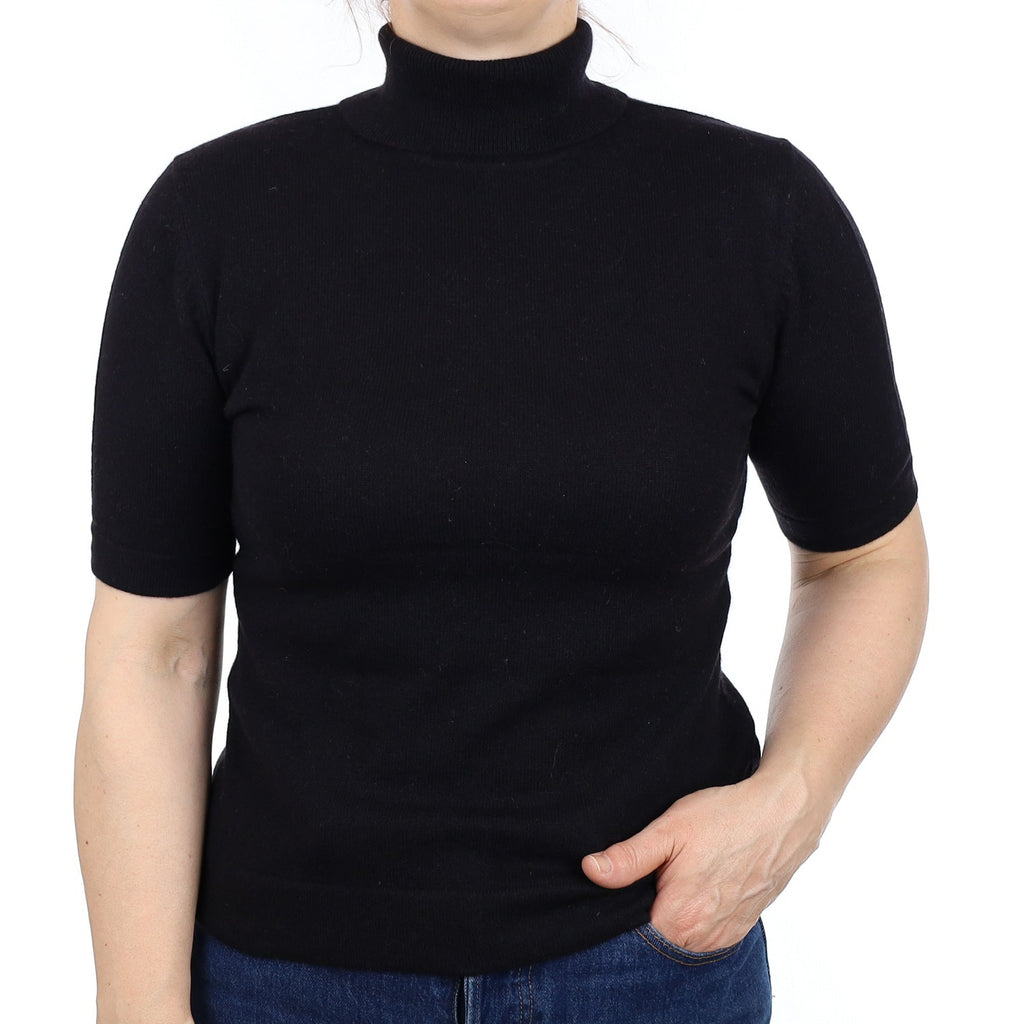 Black Cashmere Short Sleeve Polo Neck Jumper Medium