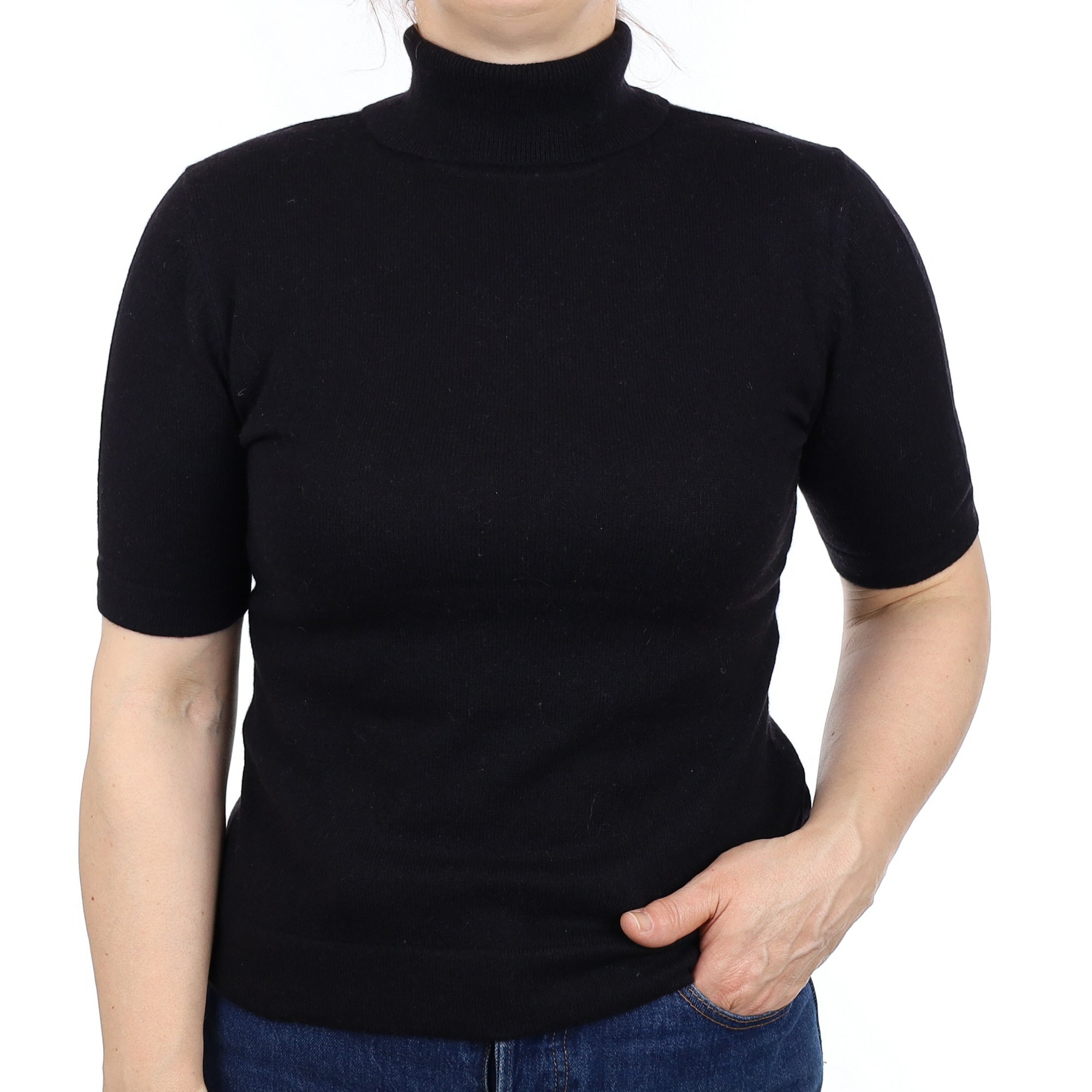 Black Cashmere Short Sleeve Polo Neck Jumper Medium