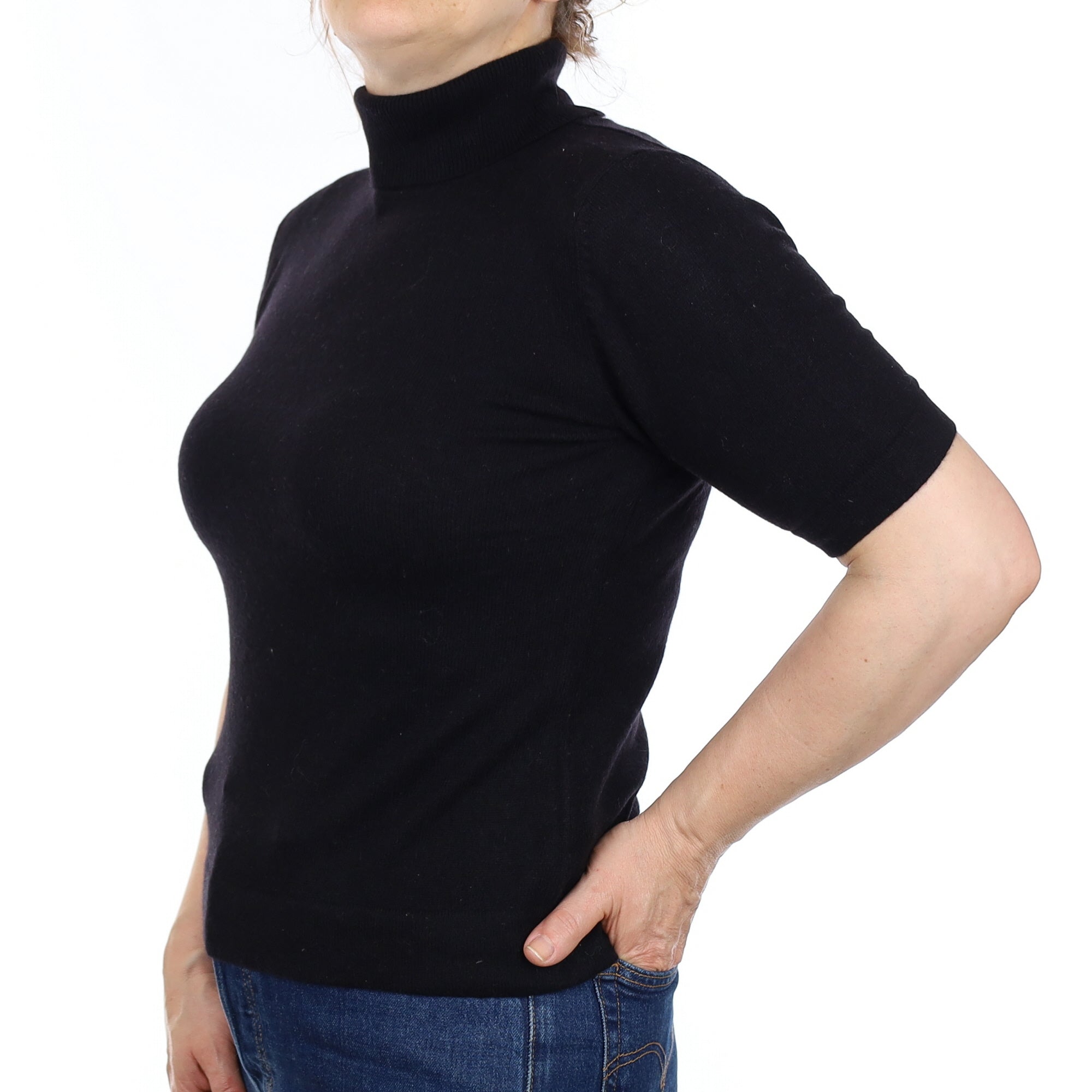 Black Cashmere Short Sleeve Polo Neck Jumper Medium