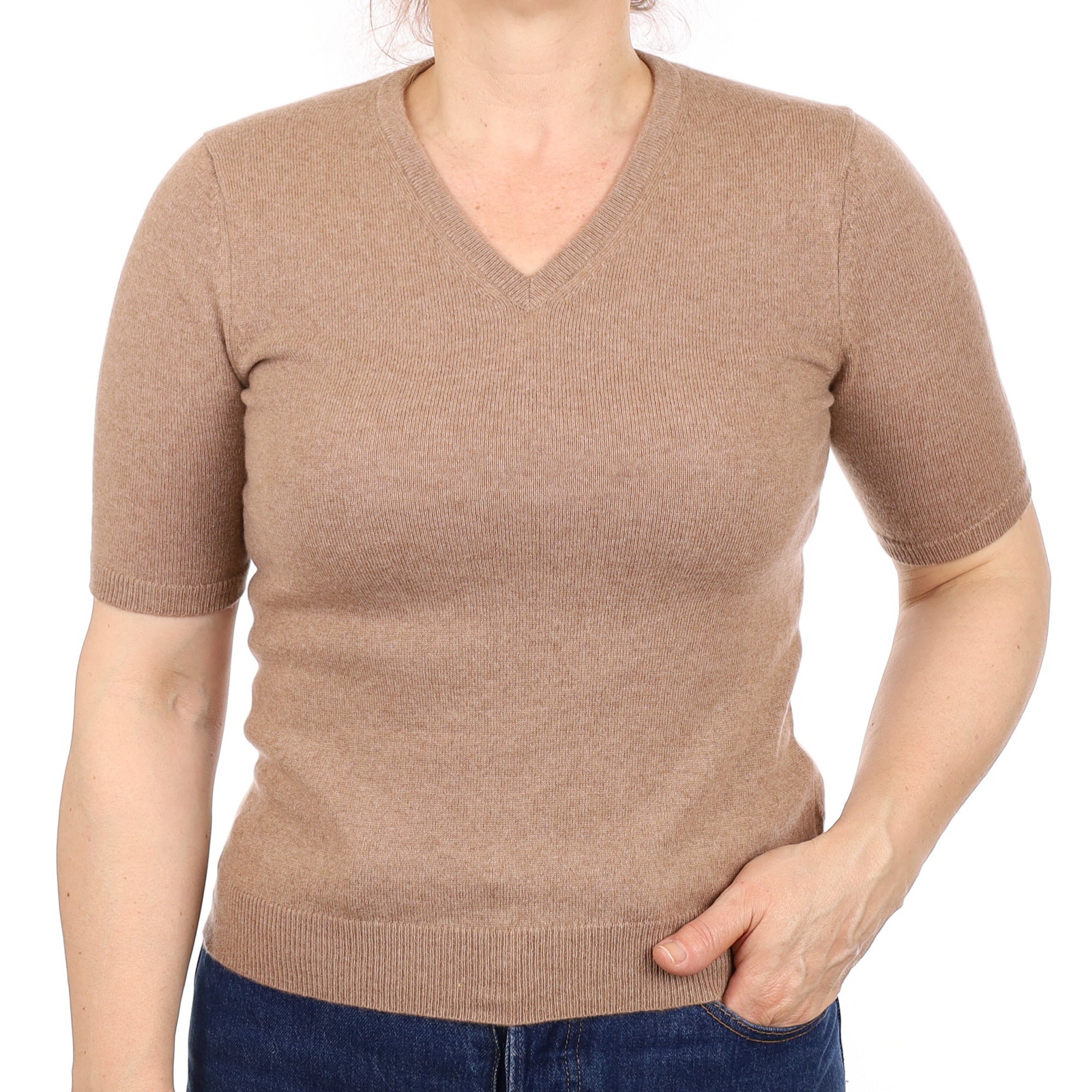 Fudge Brown Cashmere Short Sleeve V Neck Jumper Medium