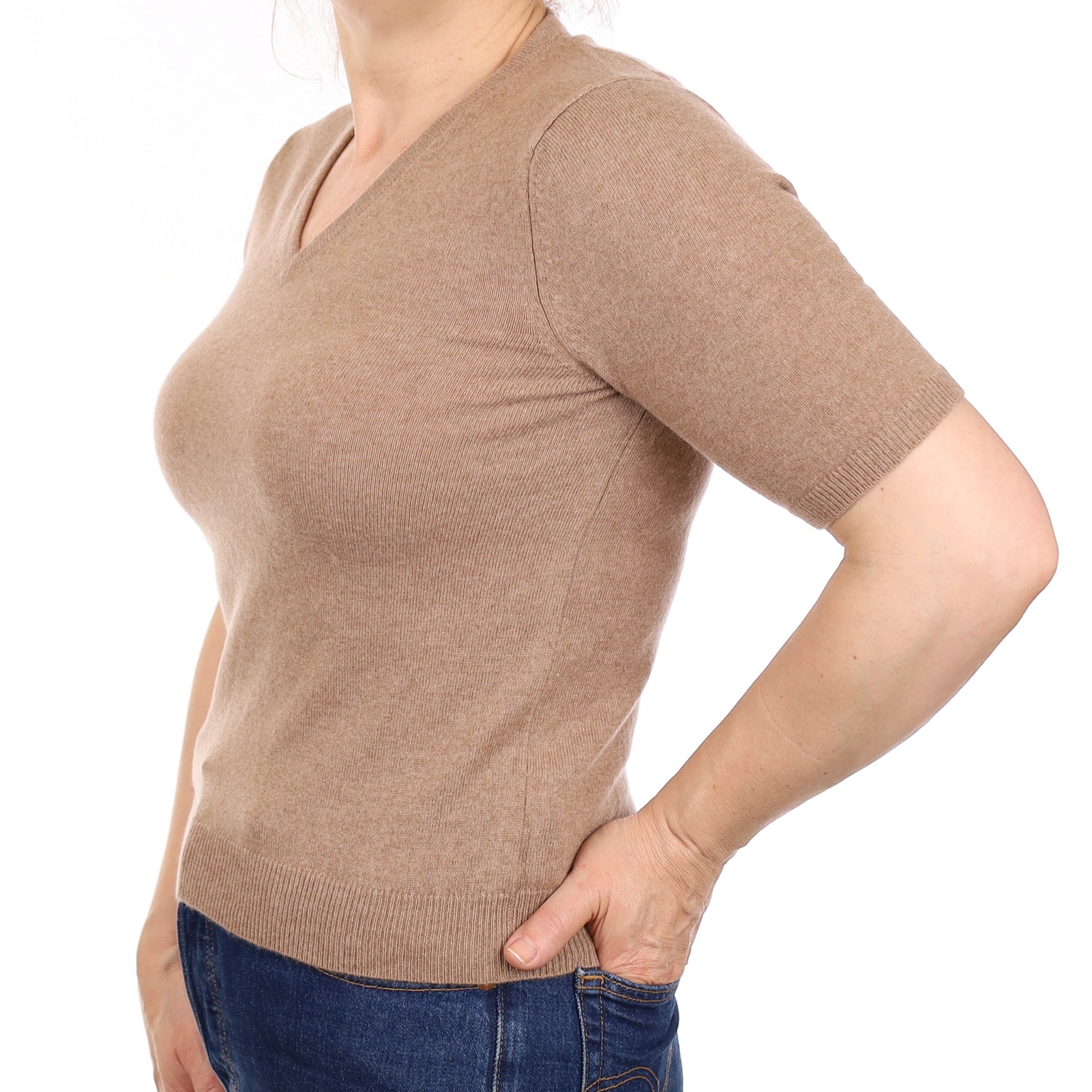 Fudge Brown Cashmere Short Sleeve V Neck Jumper Medium