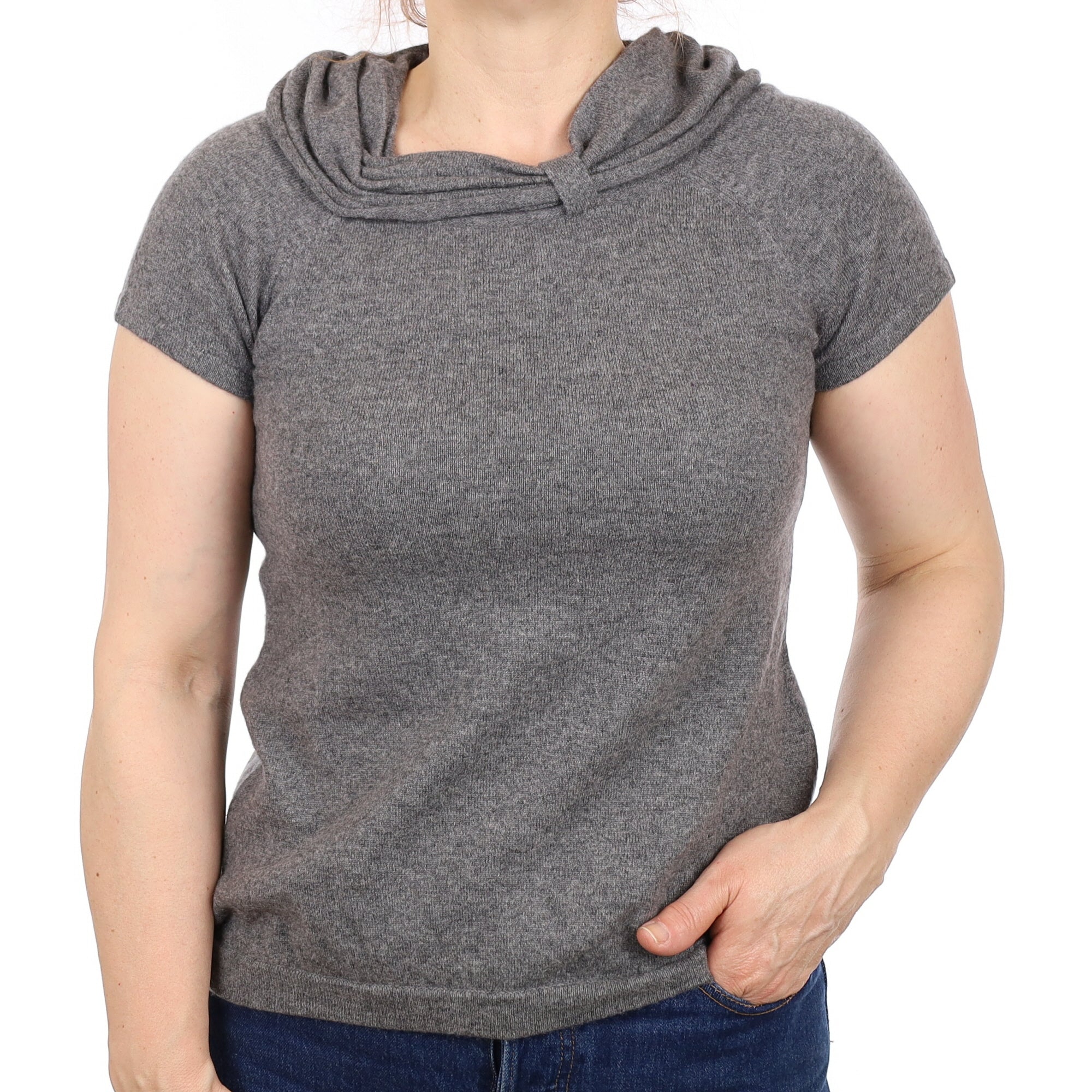 Slate Grey Cashmere Ruched Neck Short Sleeve Jumper Medium