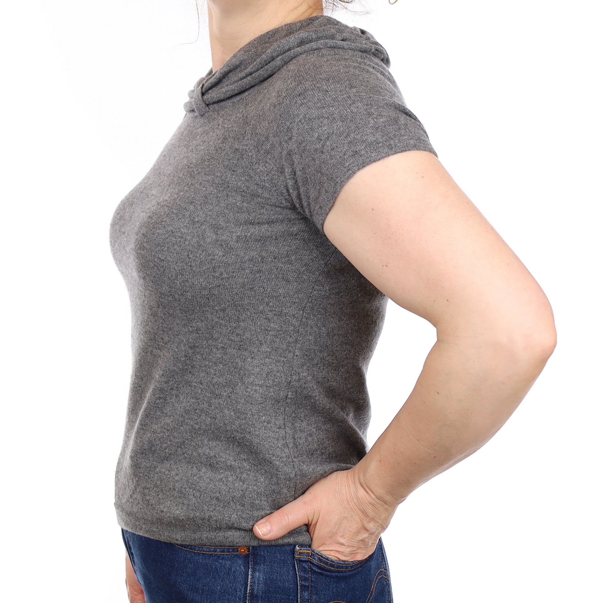 Slate Grey Cashmere Ruched Neck Short Sleeve Jumper Medium