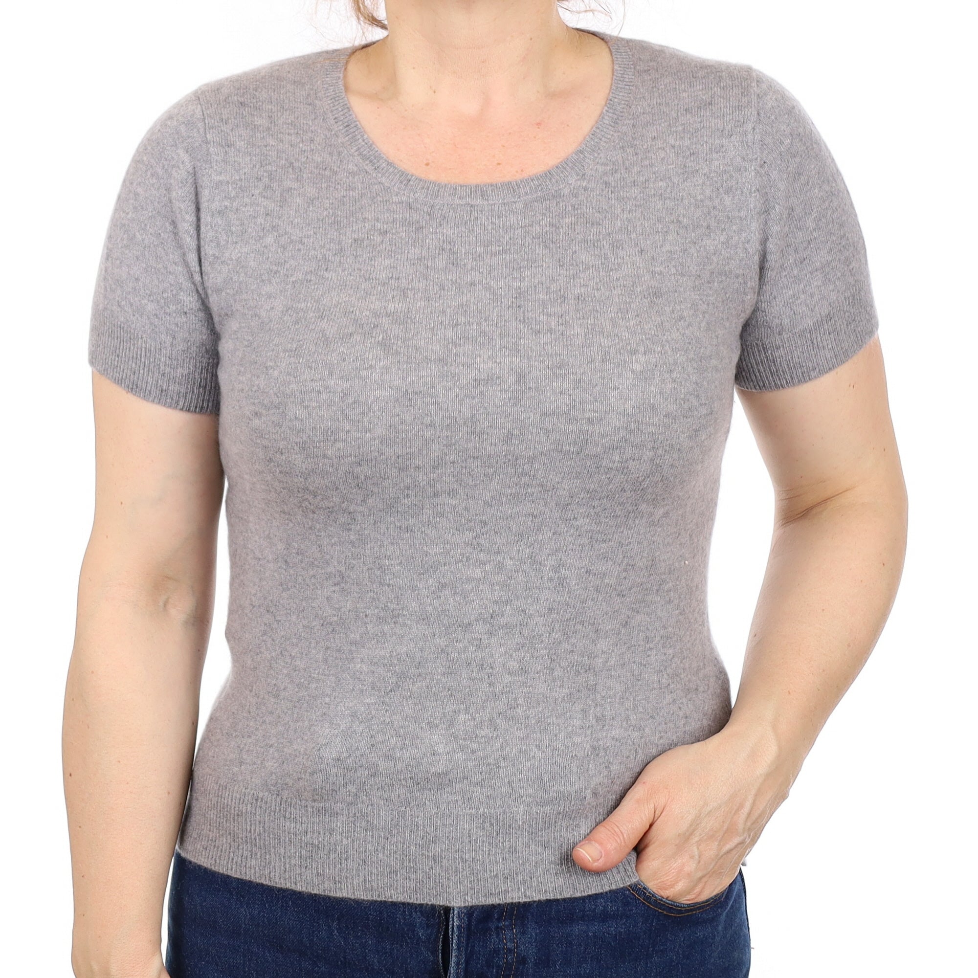 Ash Grey Cashmere Short Sleeve Crew Neck Jumper Medium