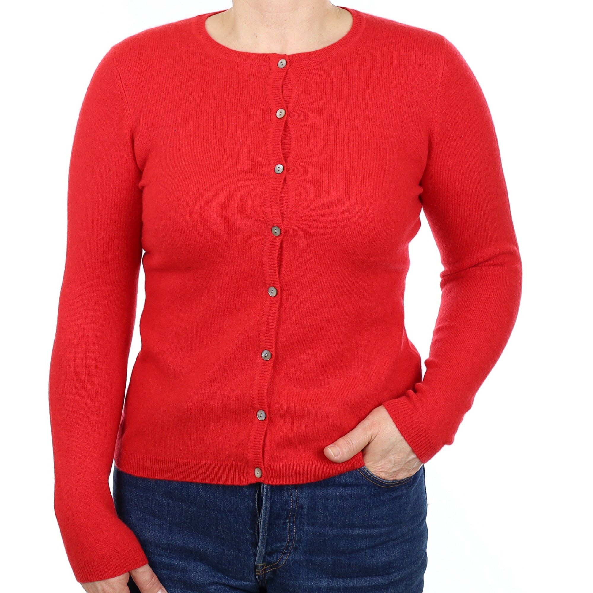 Scarlet Red Cashmere Crew Neck Cardigan Medium