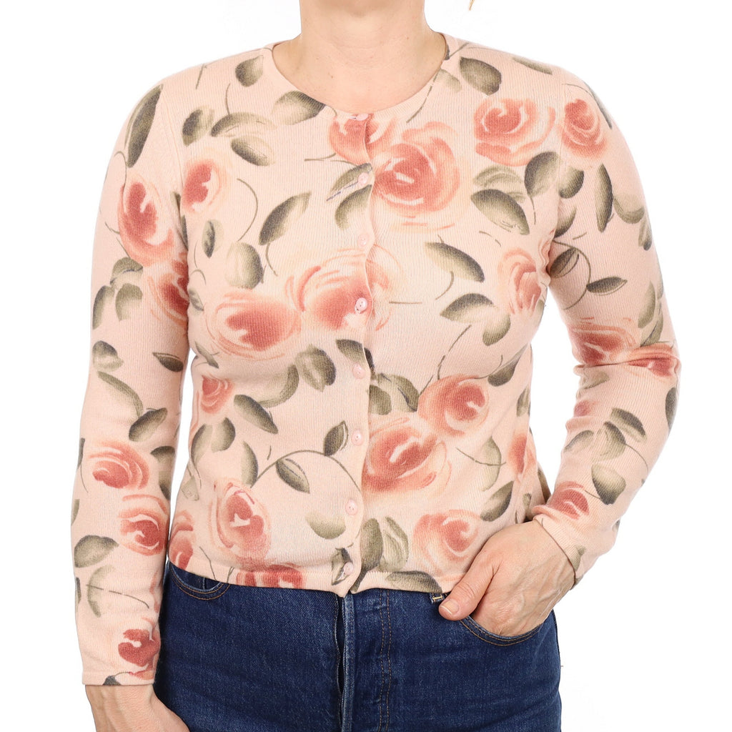 Peach Floral Cashmere Crew Neck Cardigan Medium