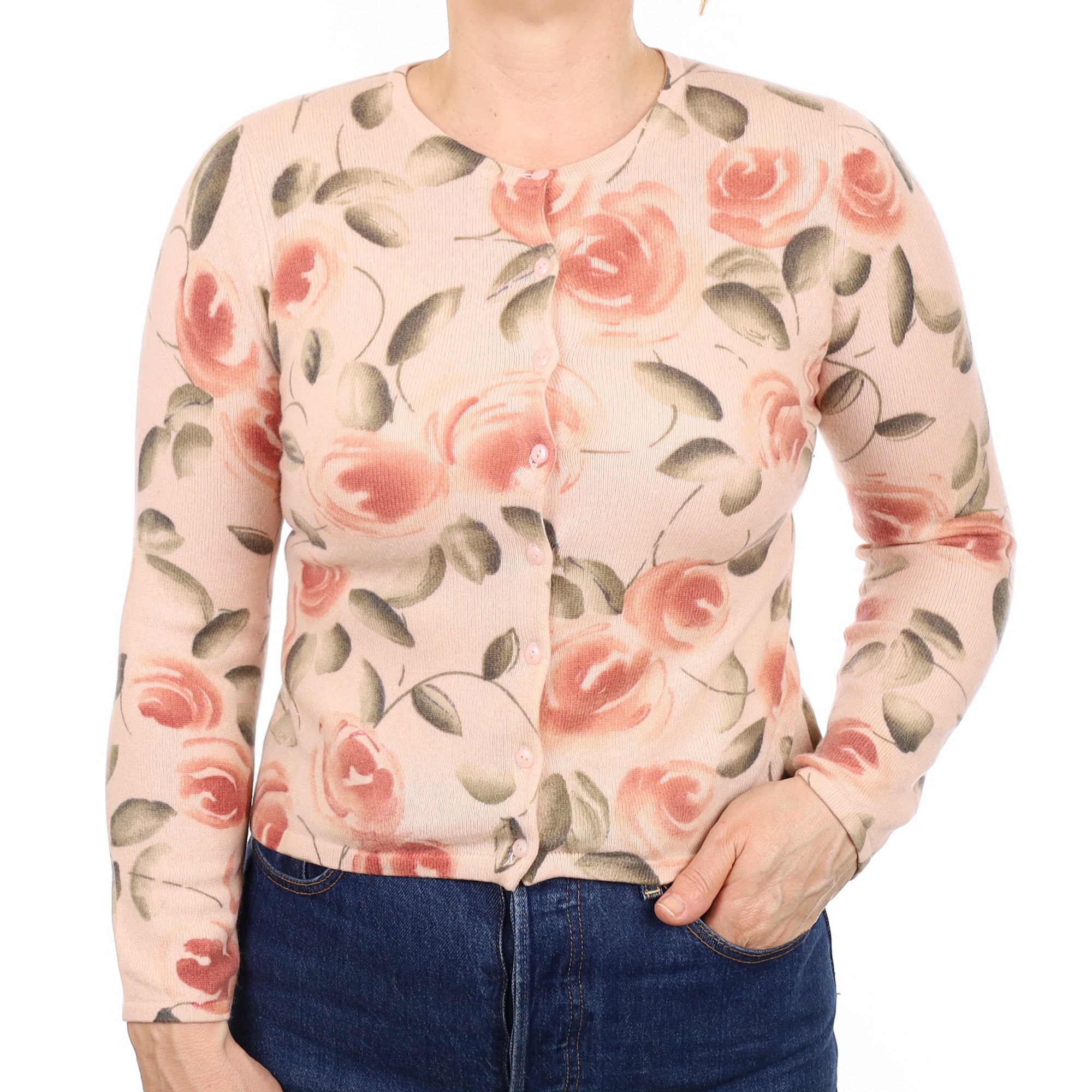 Peach Floral Cashmere Crew Neck Cardigan Medium