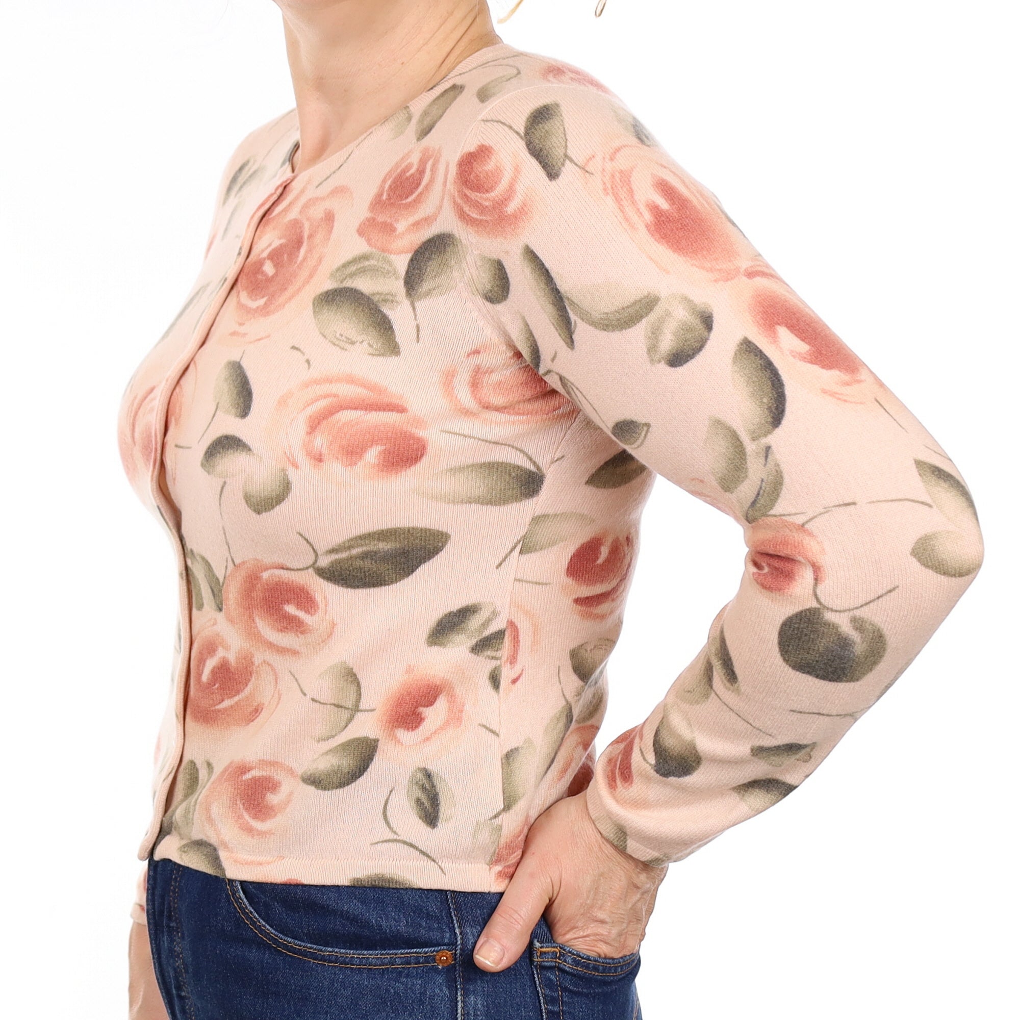 Peach Floral Cashmere Crew Neck Cardigan Medium