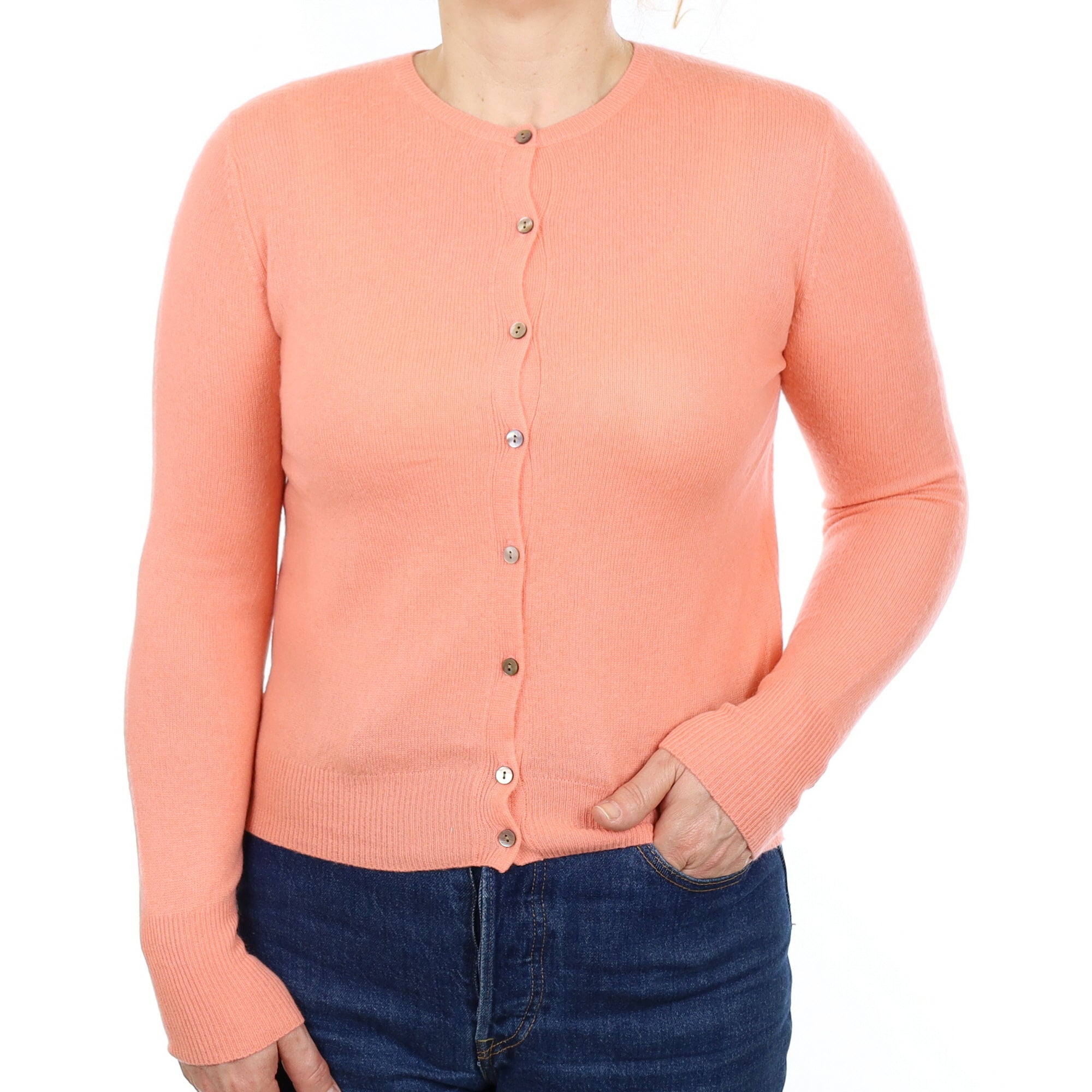 Coral Orange Cashmere Crew Neck Cardigan Medium