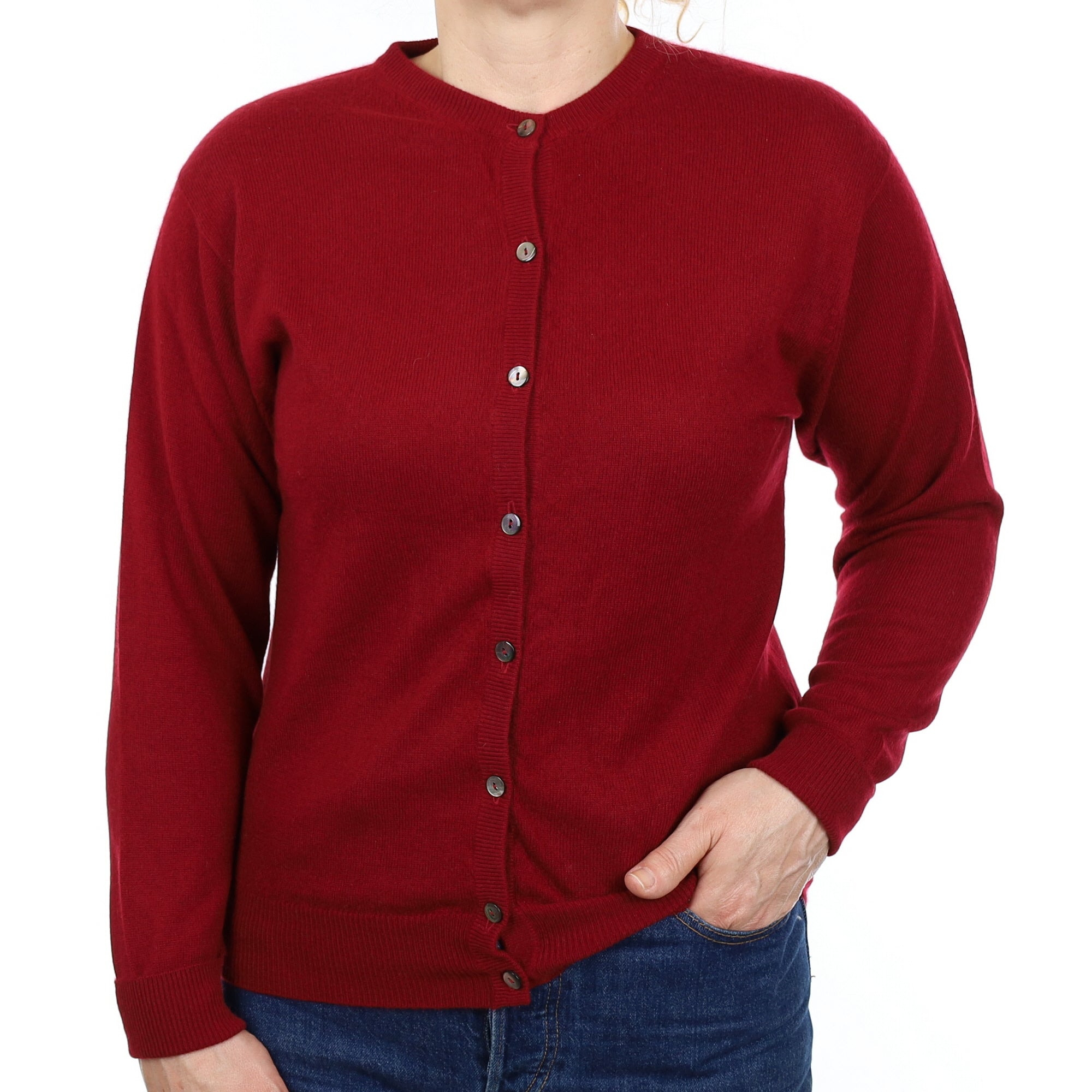 Burgundy Red Cashmere Crew Neck Cardigan Medium